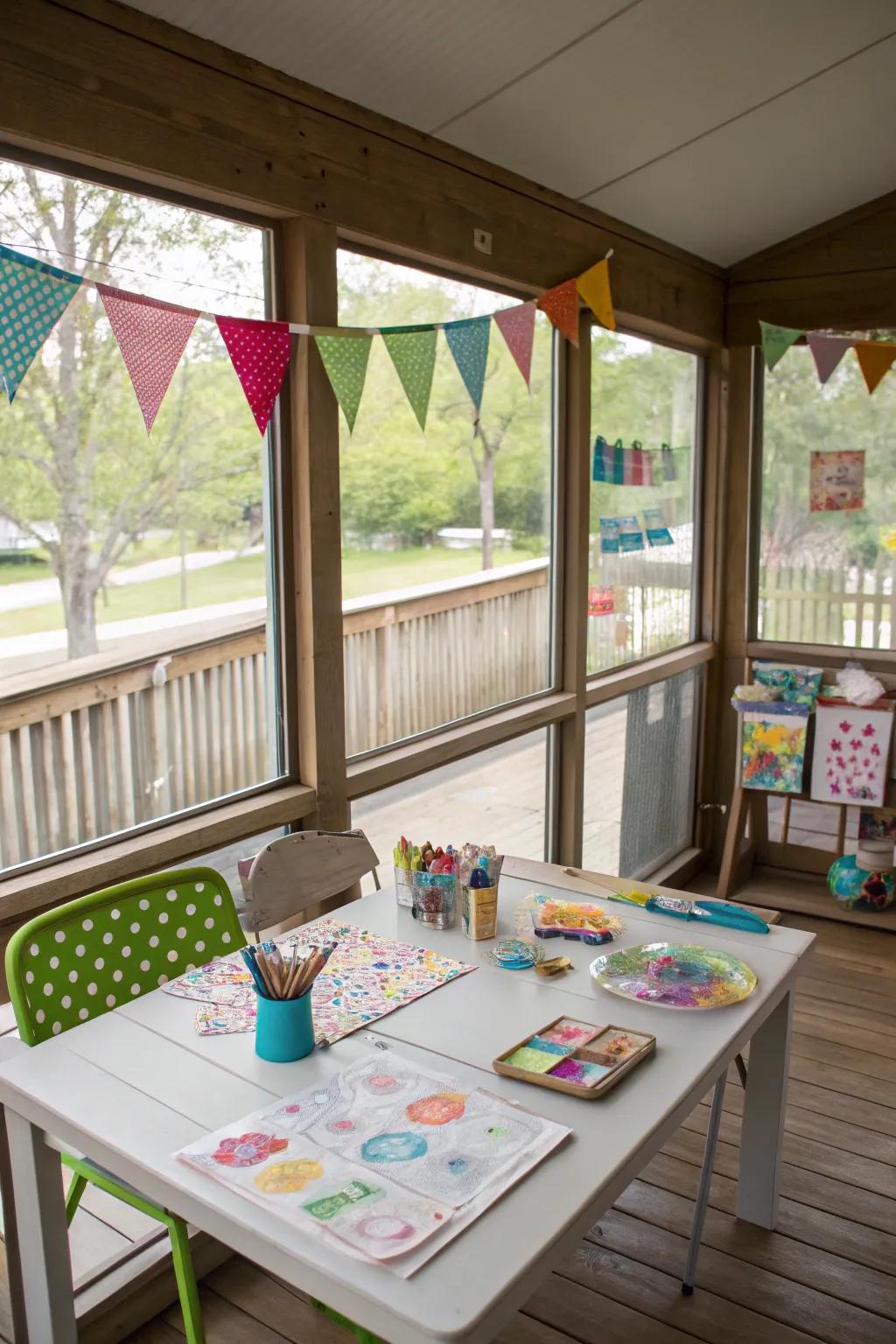 A craft corner invites creativity and offers a serene spot for artistic endeavors.