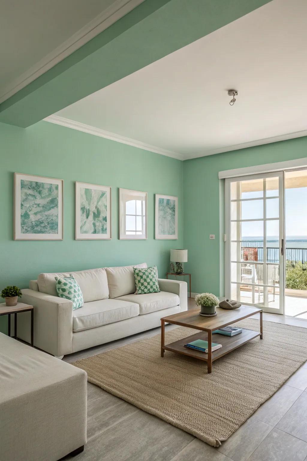 A modern minimalist space with fresh seafoam green walls.