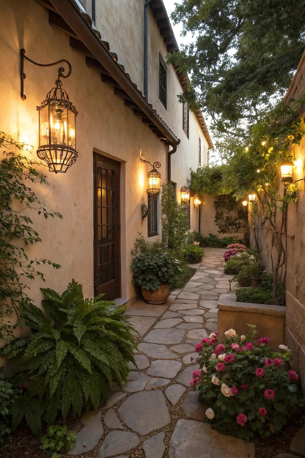 A small courtyard illuminated with elegant outdoor lighting fixtures.