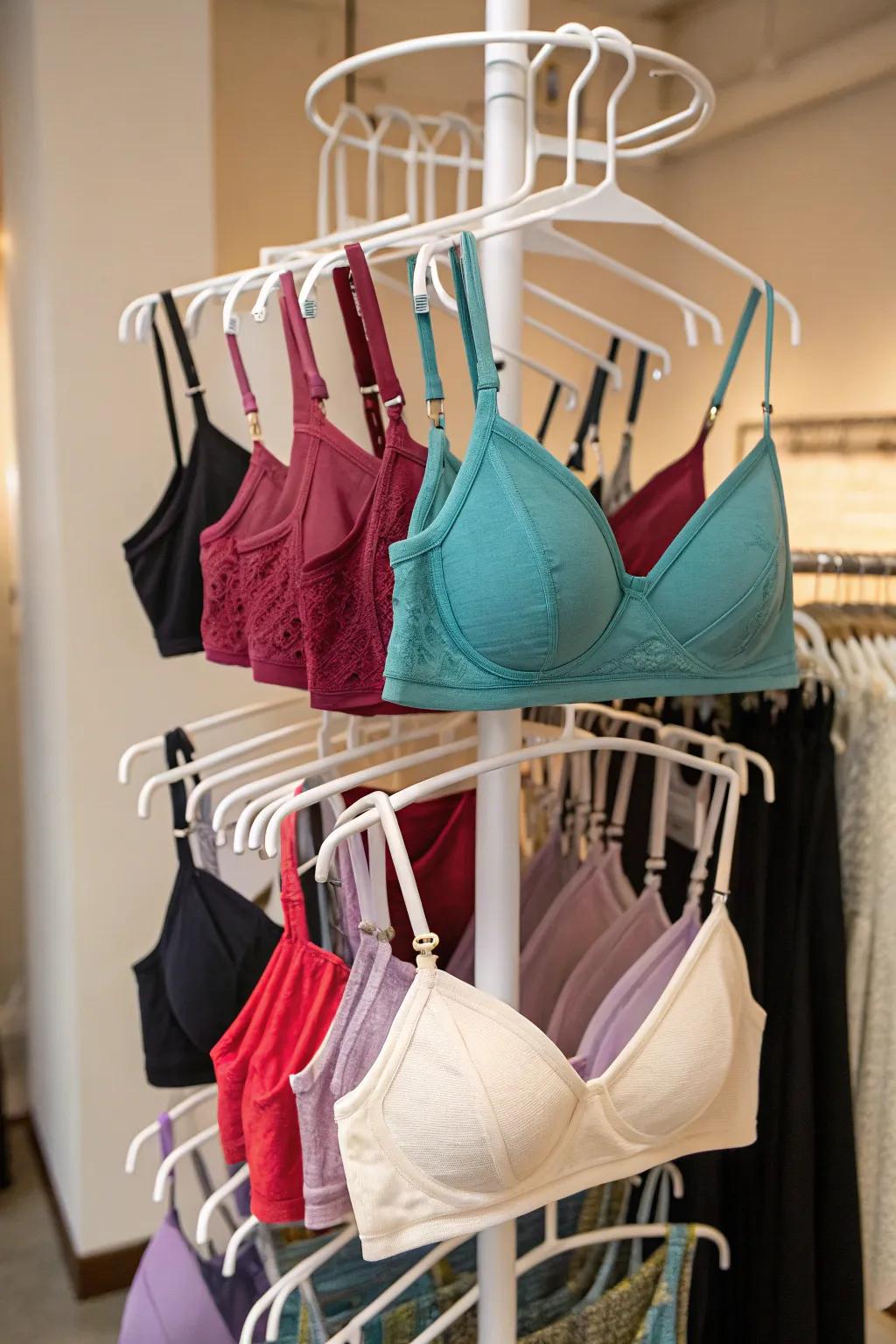 A multi-tier hanger maximizes space while keeping bras organized.