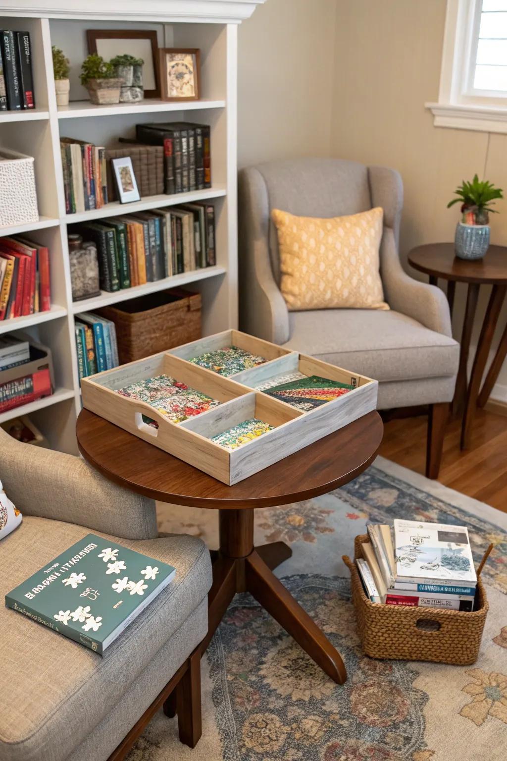 A dedicated puzzle corner offers a cozy and organized space for puzzle enthusiasts.