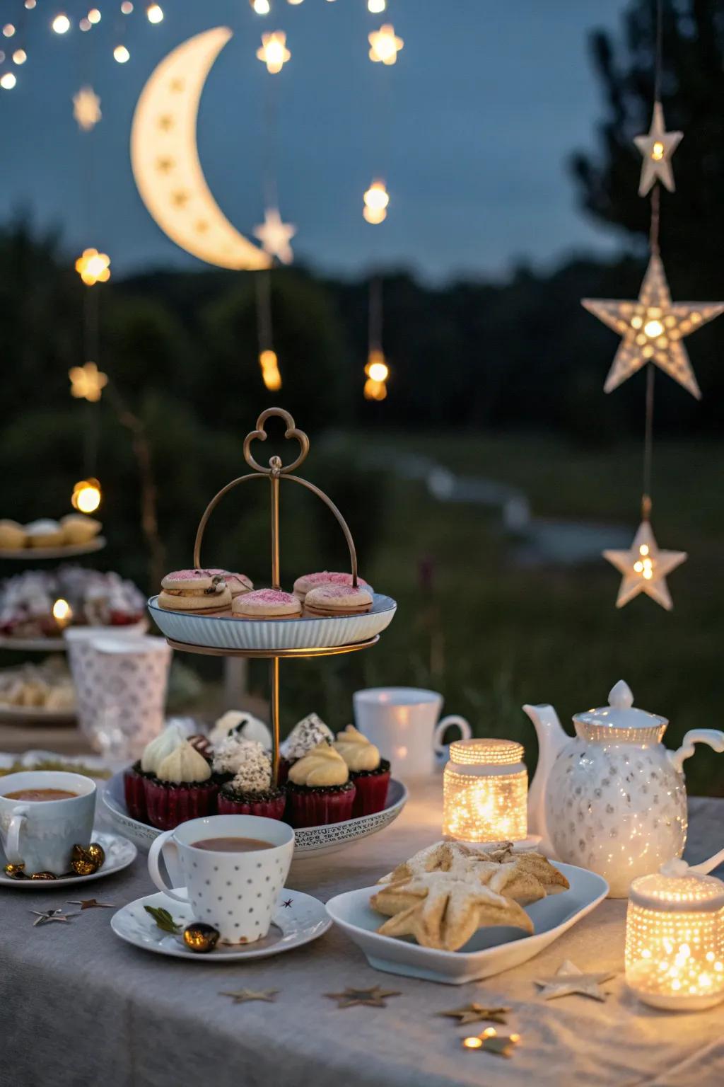 Moonlight-themed tea party with ethereal decor.