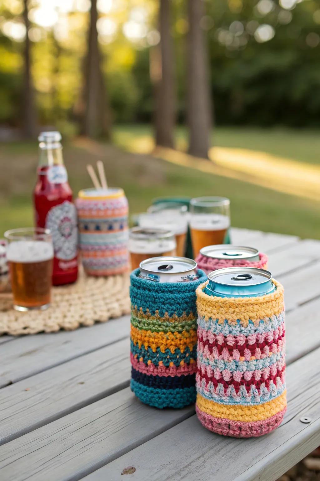 Festive crochet can cozies for summer gatherings.