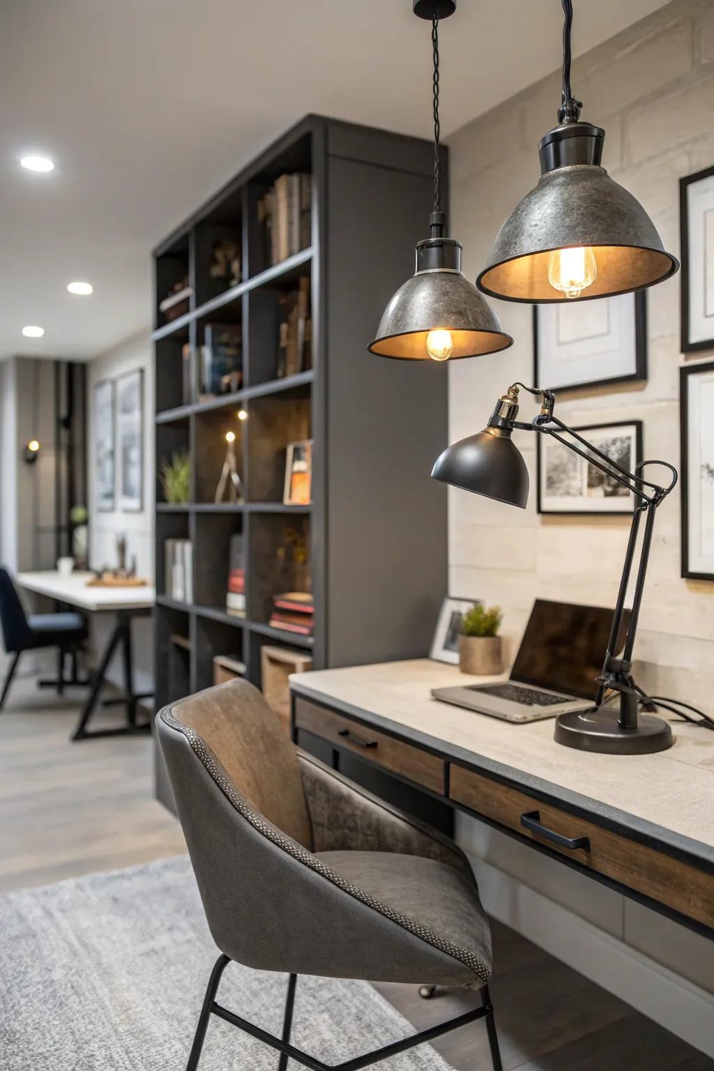 Industrial-inspired fixtures add a modern edge to a home office.