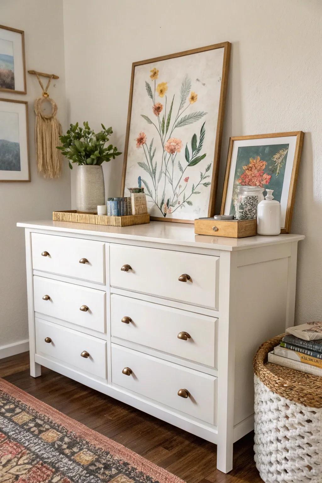 Artwork above a dresser adds a personal and stylish touch to the bedroom.