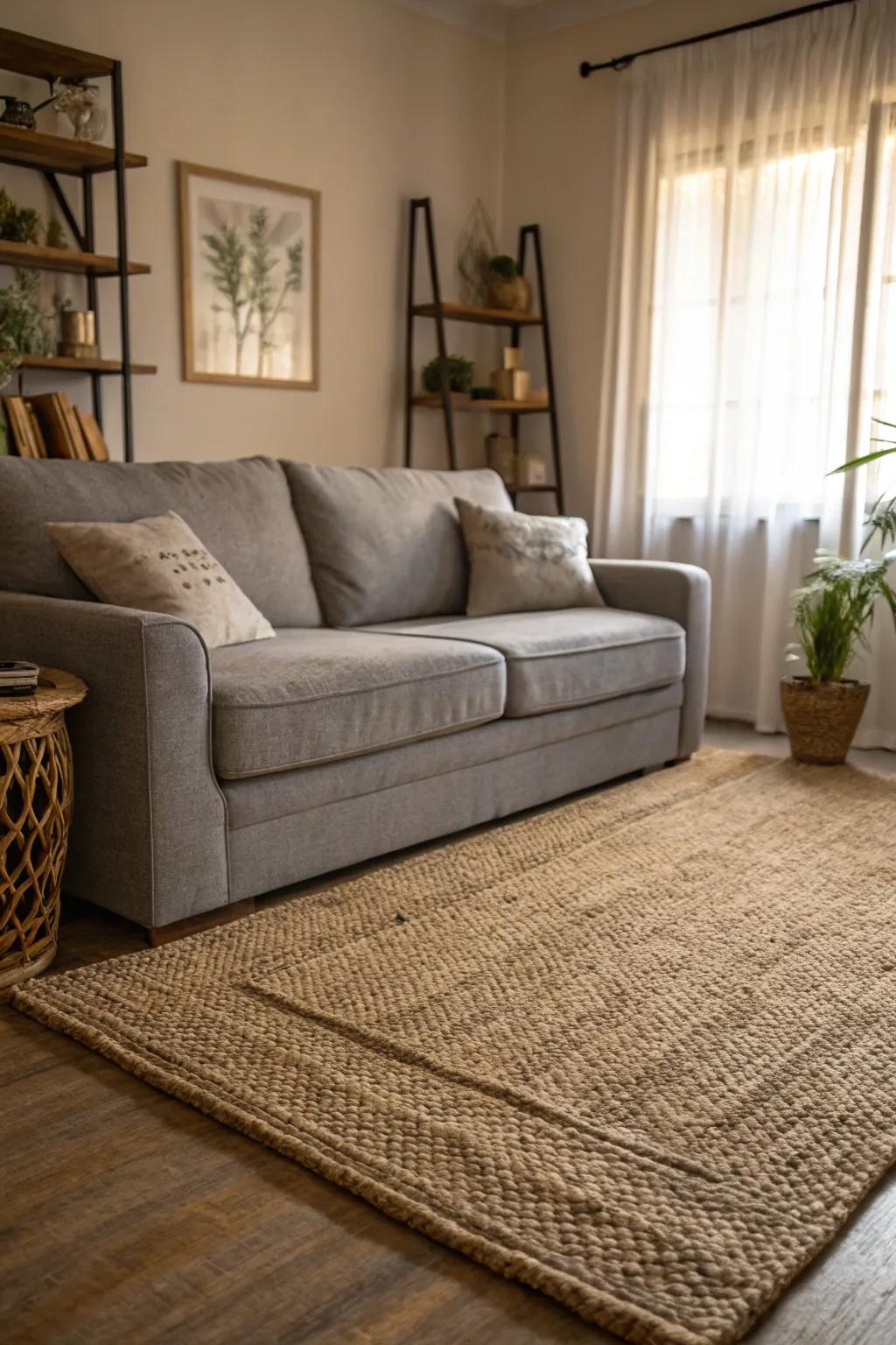 Jute rugs provide a natural, rustic texture to complement a grey couch.