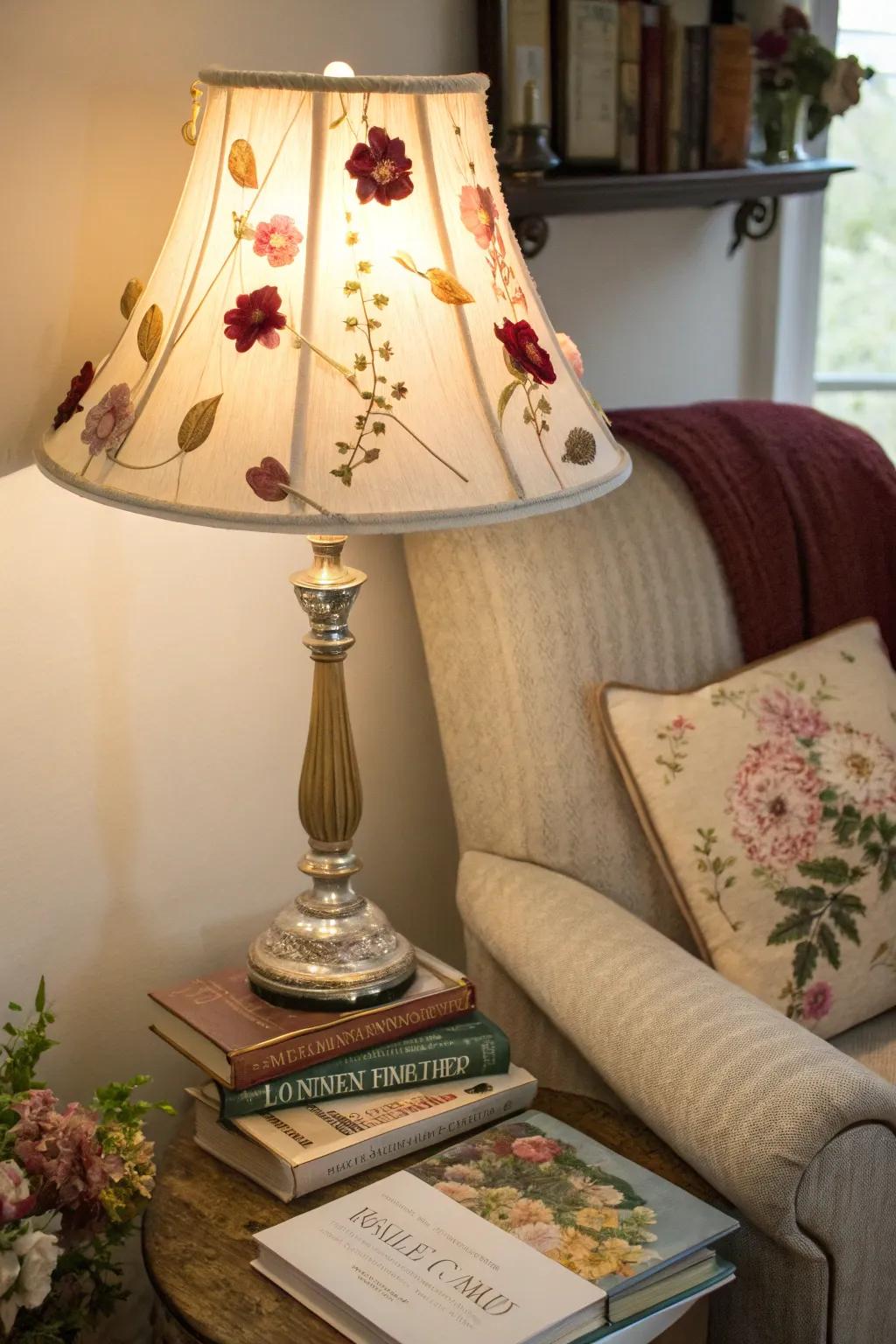 A lampshade adorned with dried flower petals from a wedding bouquet, adding a warm glow to a reading nook.