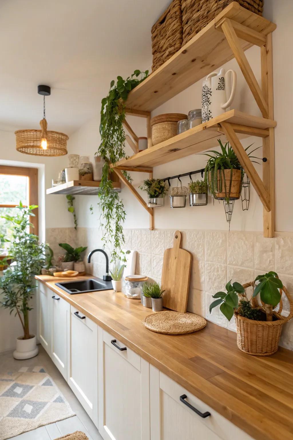 Bamboo wooden shelf brackets add warmth and sustainability.