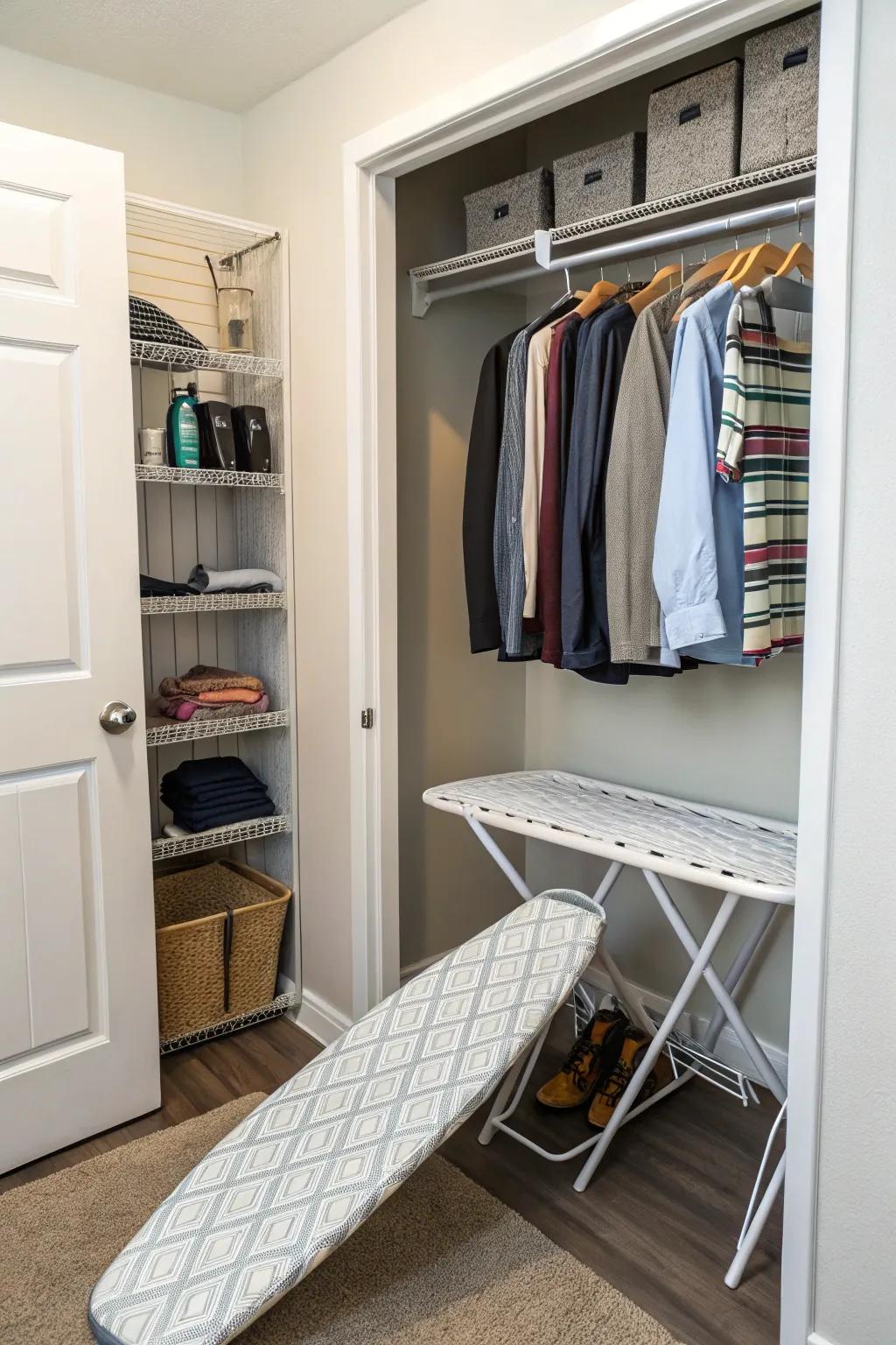 A foldable ironing board saves space and enhances functionality.