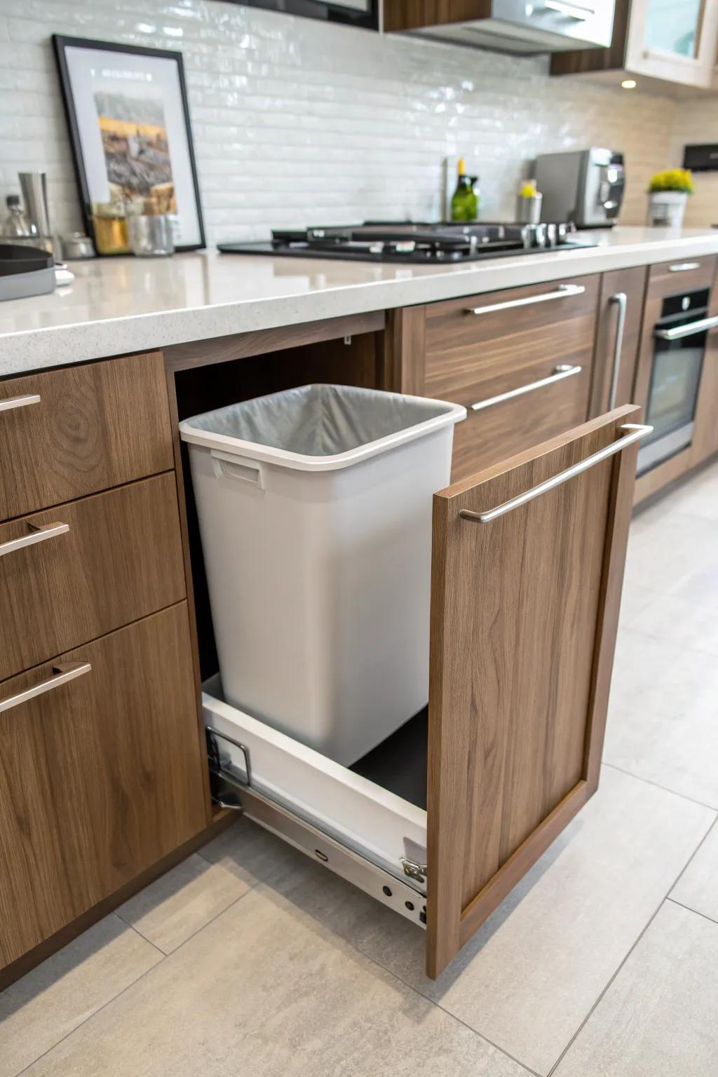 Keep your kitchen tidy with a pull-out trash can.