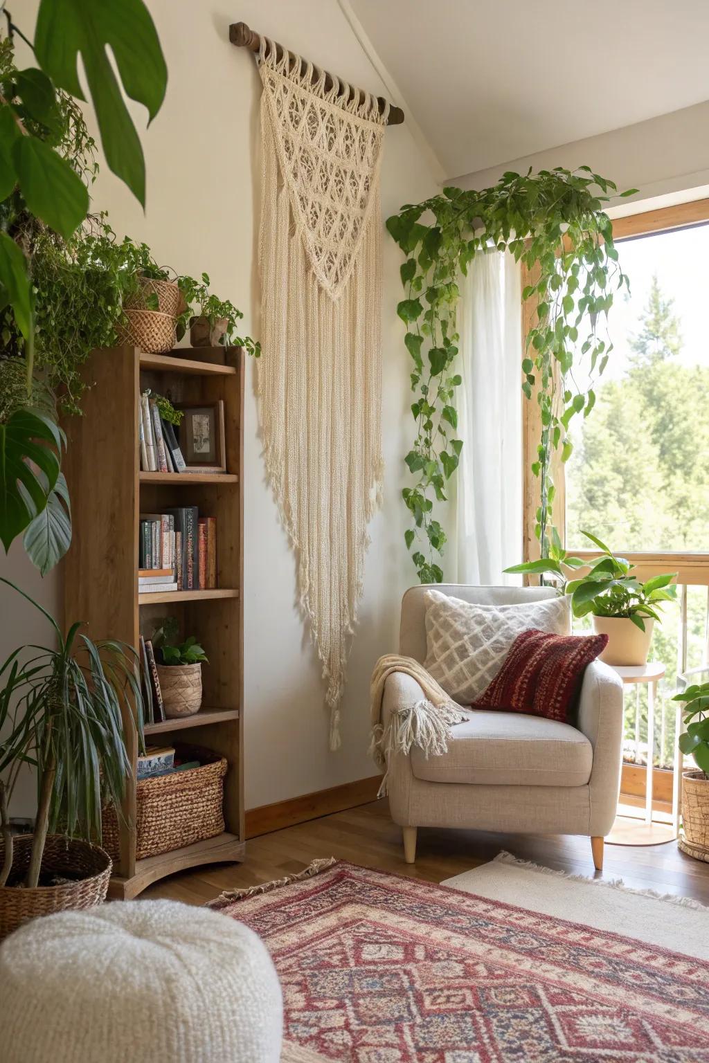 A plant curtain creates an inviting and textured space for relaxation.