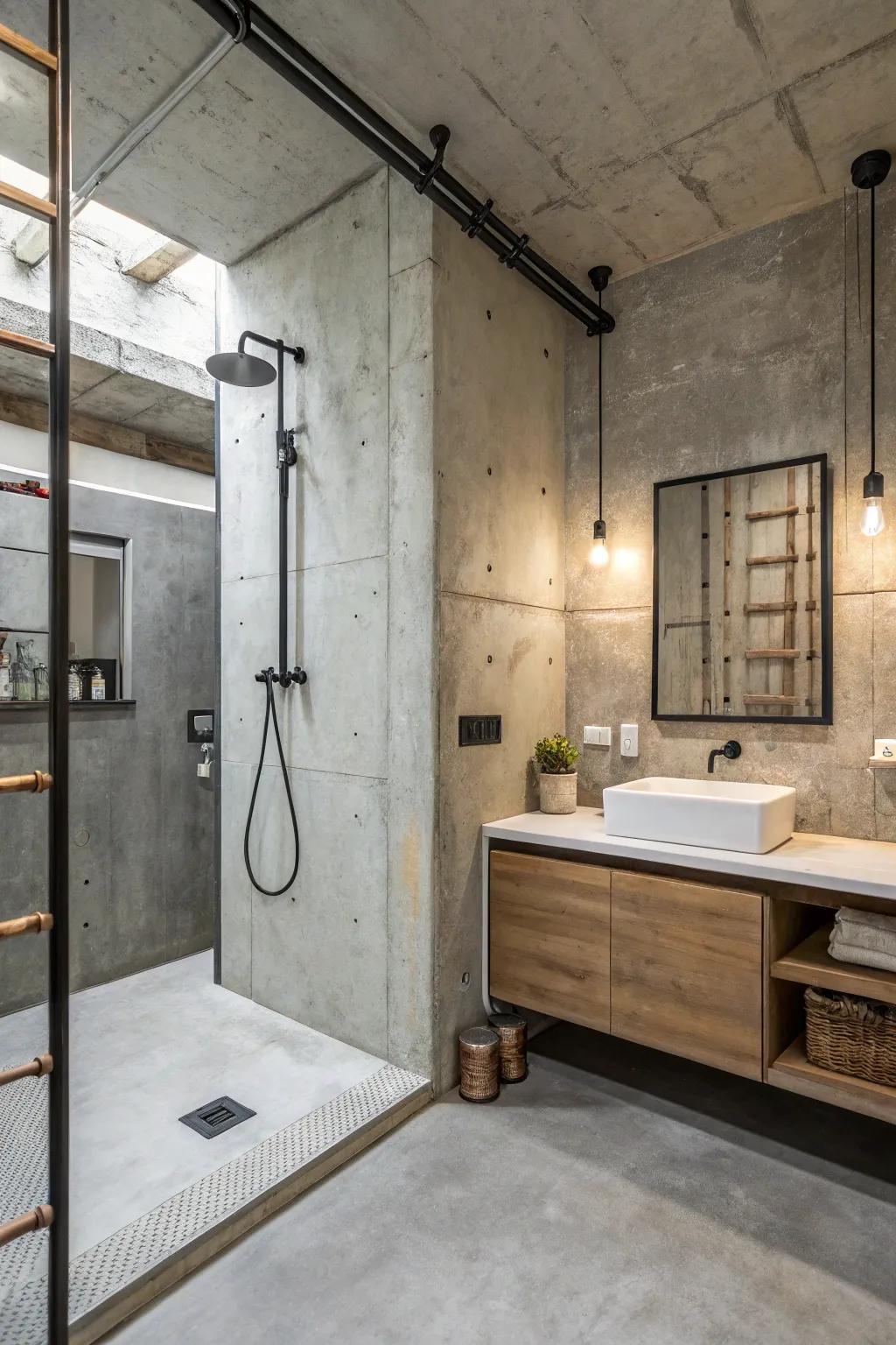 Concrete finish adds an industrial and chic edge to shower walls.