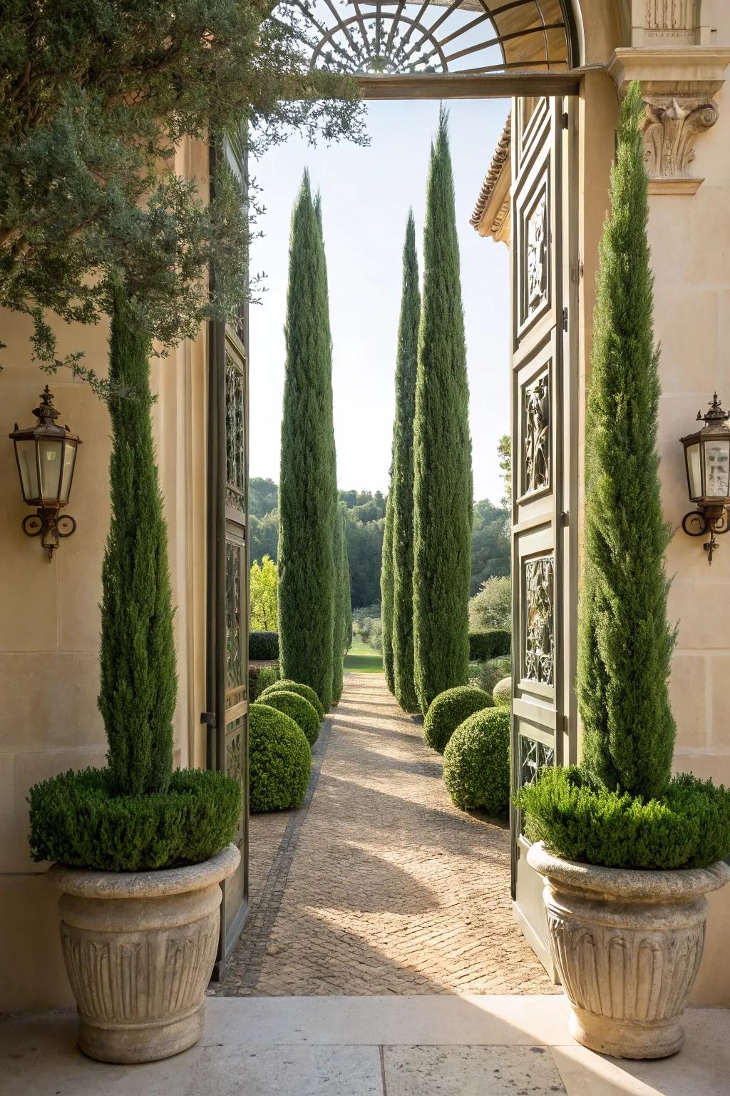 Make a grand first impression with Italian cypress entryway planters.