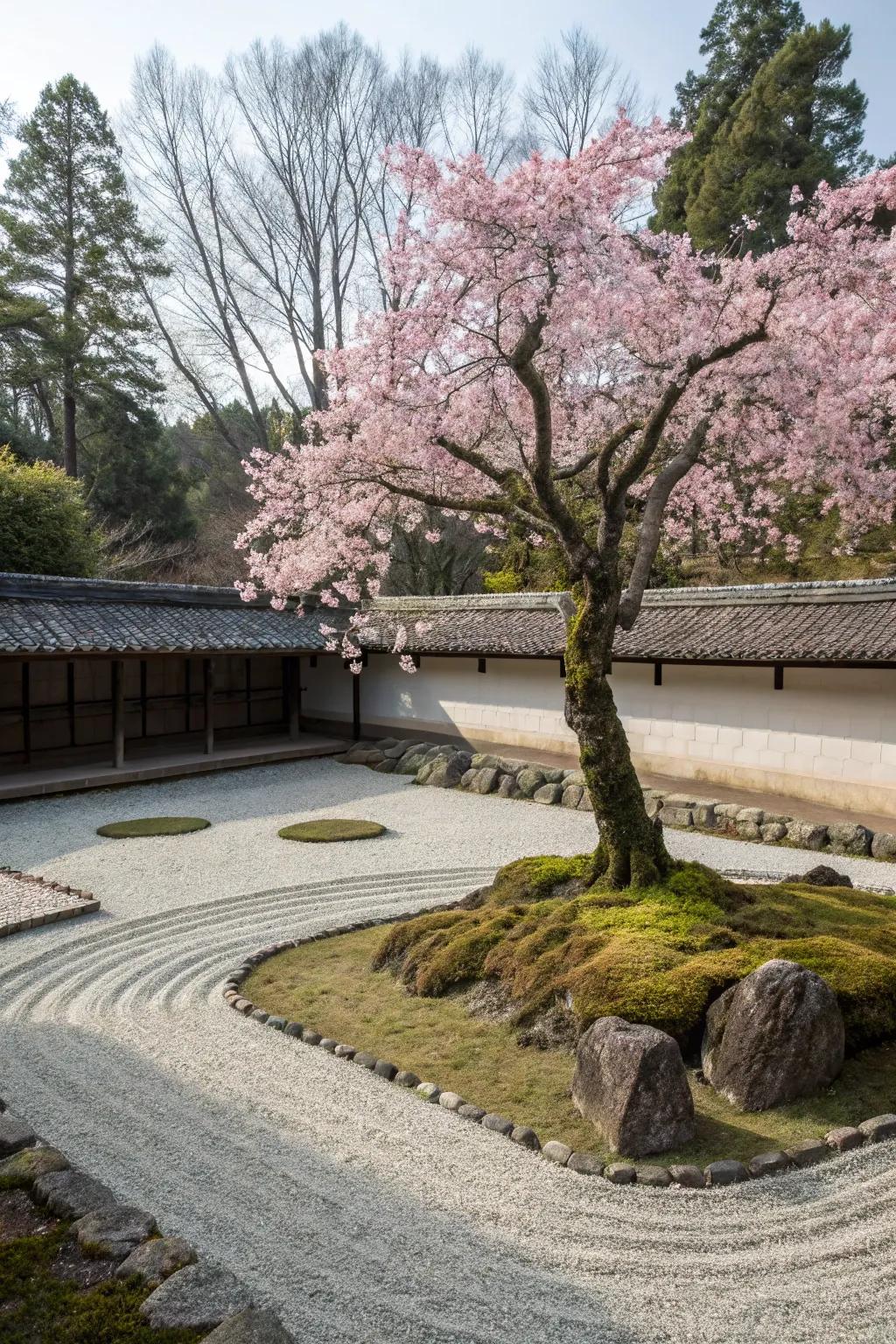 Cherry blossom tree in full bloom, enhancing a zen garden.