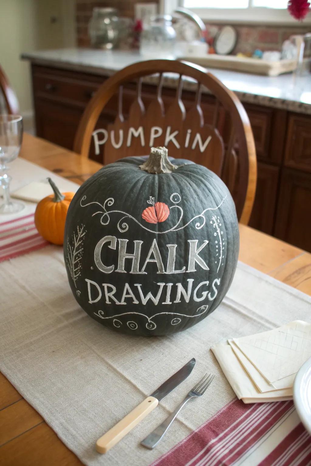 Chalkboard paint allows for ever-changing designs on this pumpkin.