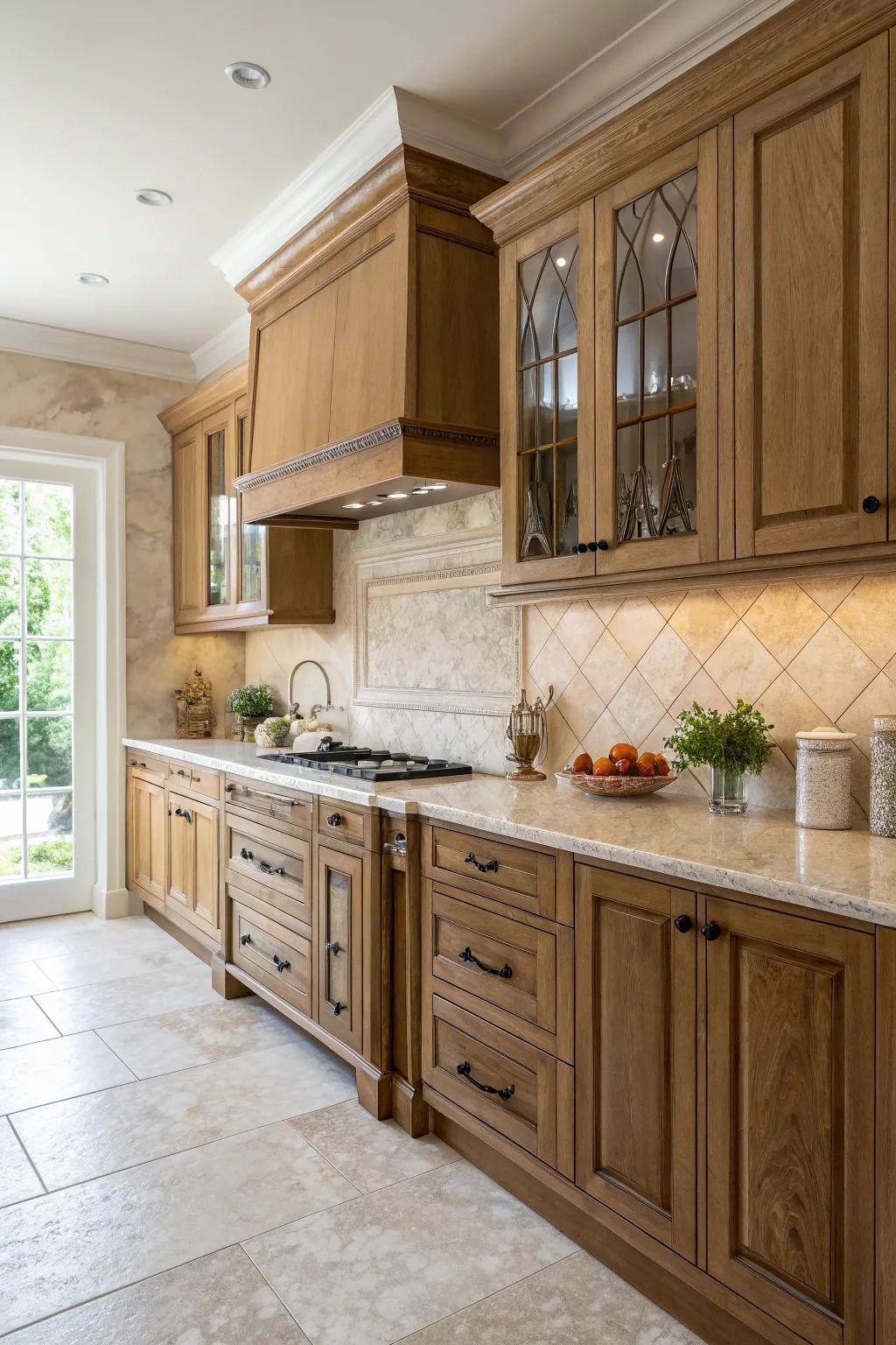 Beige marble tiles adding elegance to the kitchen design.