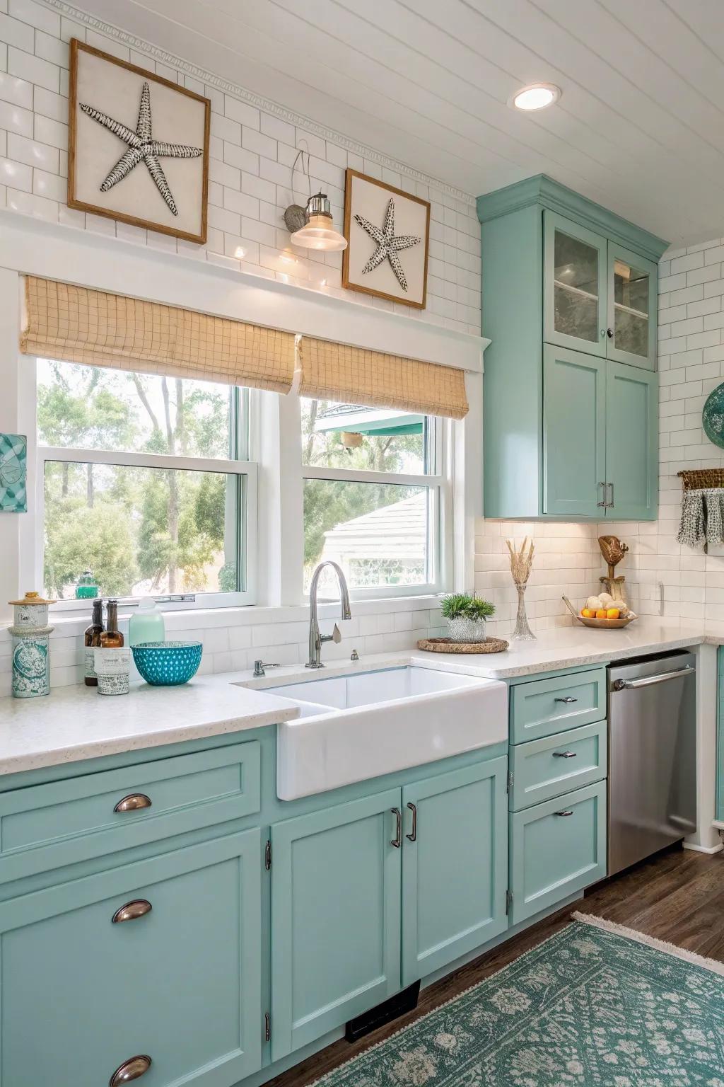 Refreshing aqua cabinets bring a breezy beach vibe.