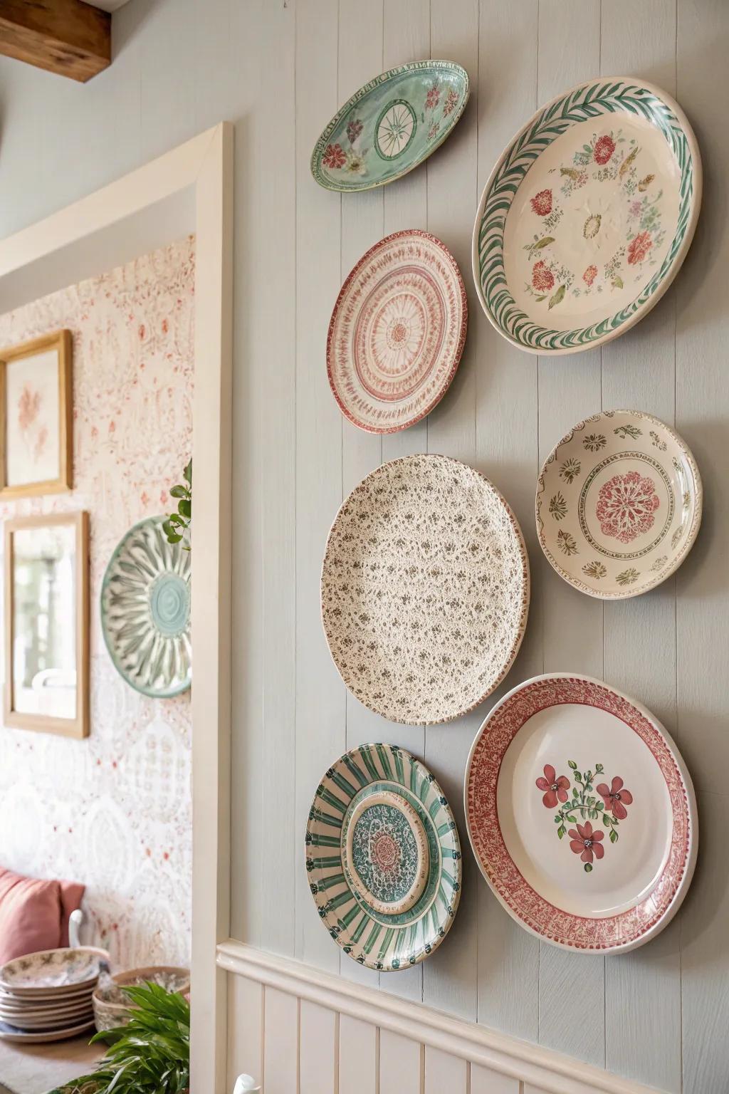 Transform your kitchen with a touch of vintage elegance — a charming plate wall display that tells a story.