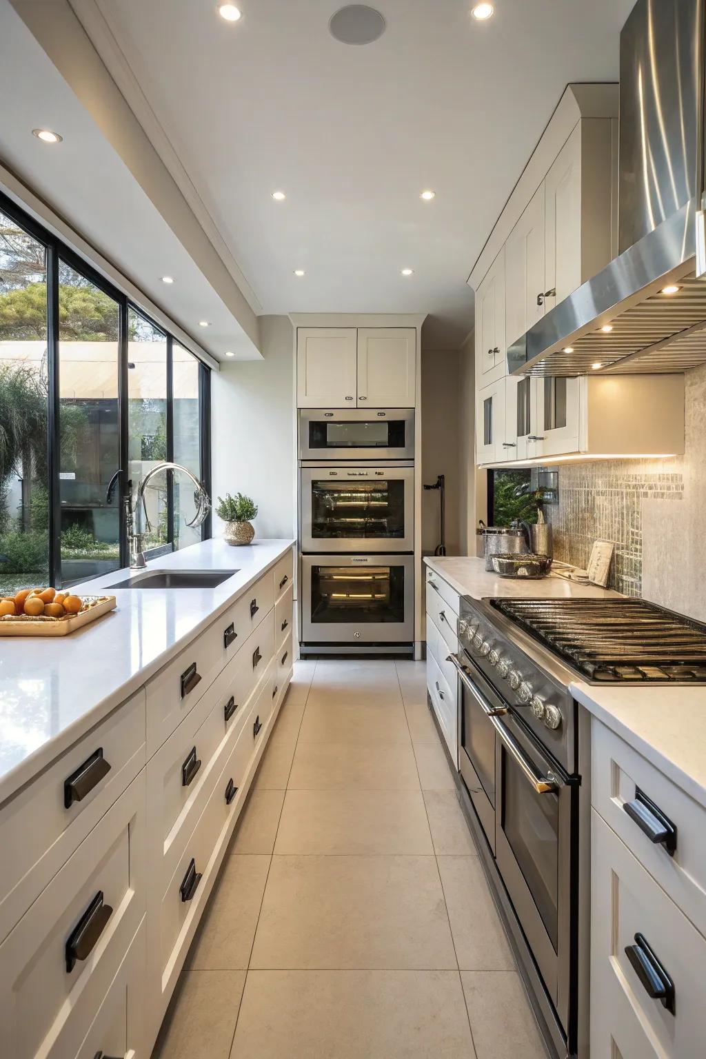 Double ovens perfectly positioned in the heart of a galley kitchen.