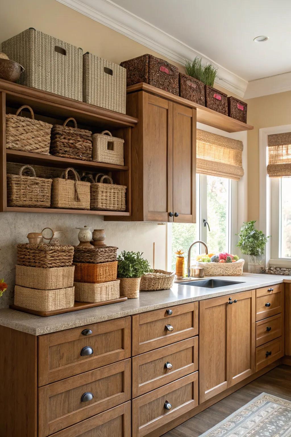 Utilize the space above cabinets for extra storage.