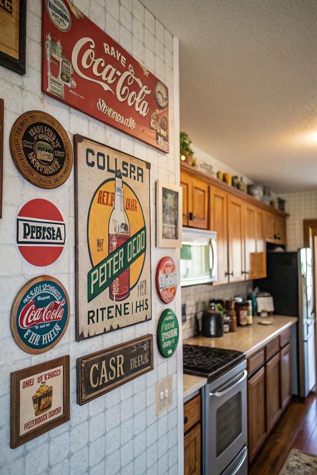 Vintage advertising signs add retro charm to the kitchen.