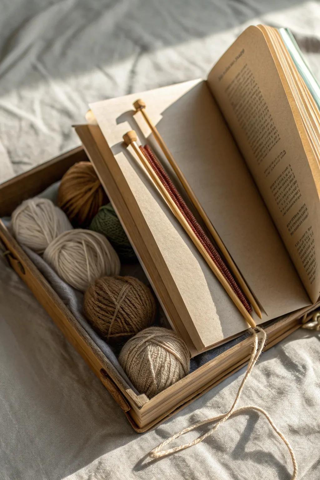 Crafting a cozy nook with literary charm: Discover the art of storing knitting needles in hollow books.