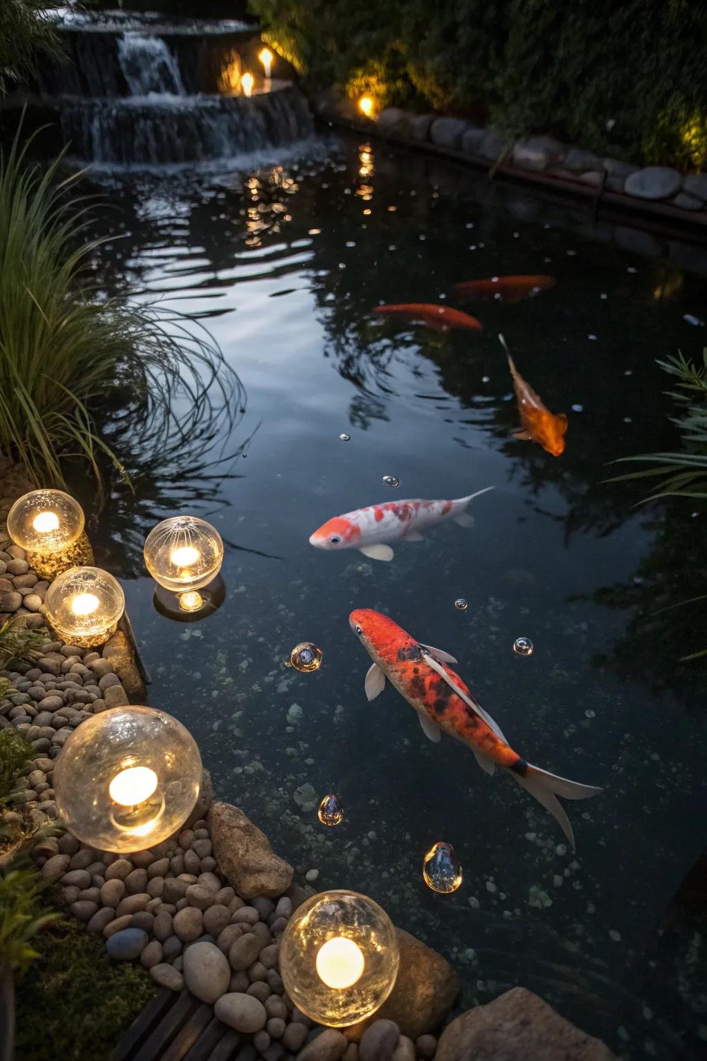 Underwater bubbler lights add dynamic motion and sparkle to the pond.