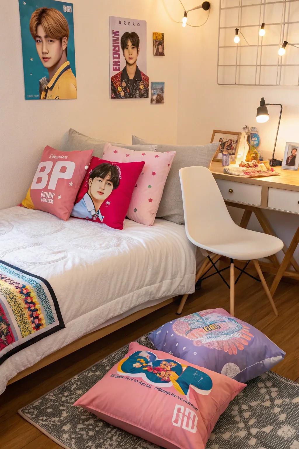 Cushions add comfort and style to your Kpop-themed space.