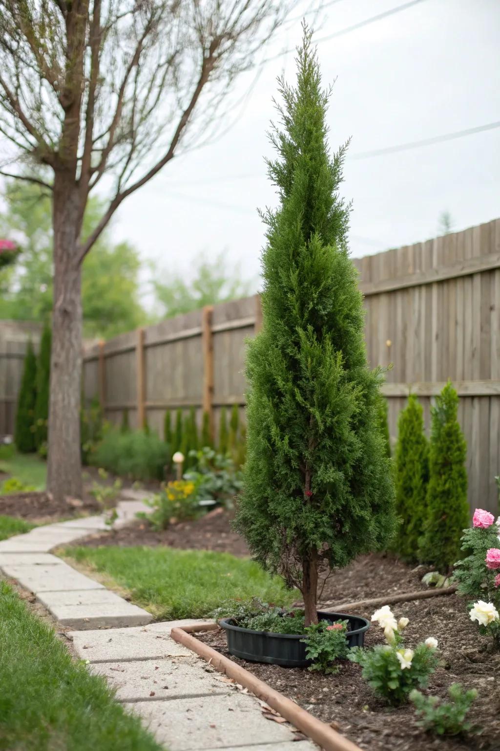 An arborvitae tree as a striking focal point in a compact garden.