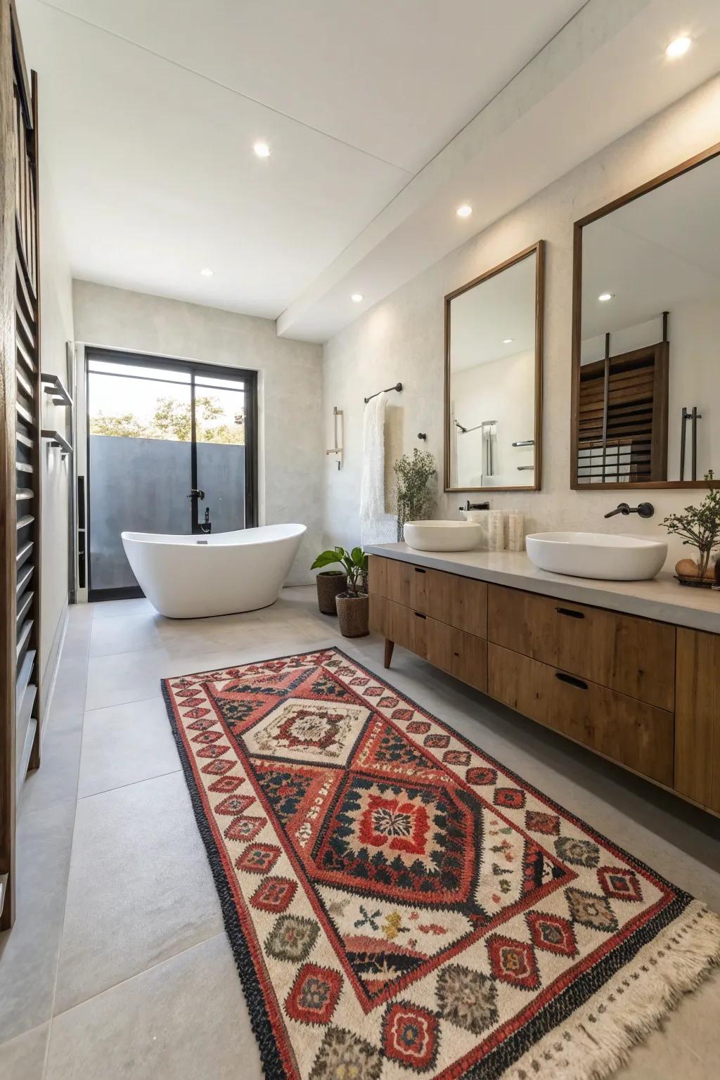 Patterned rugs add visual interest and energy to bathroom spaces.