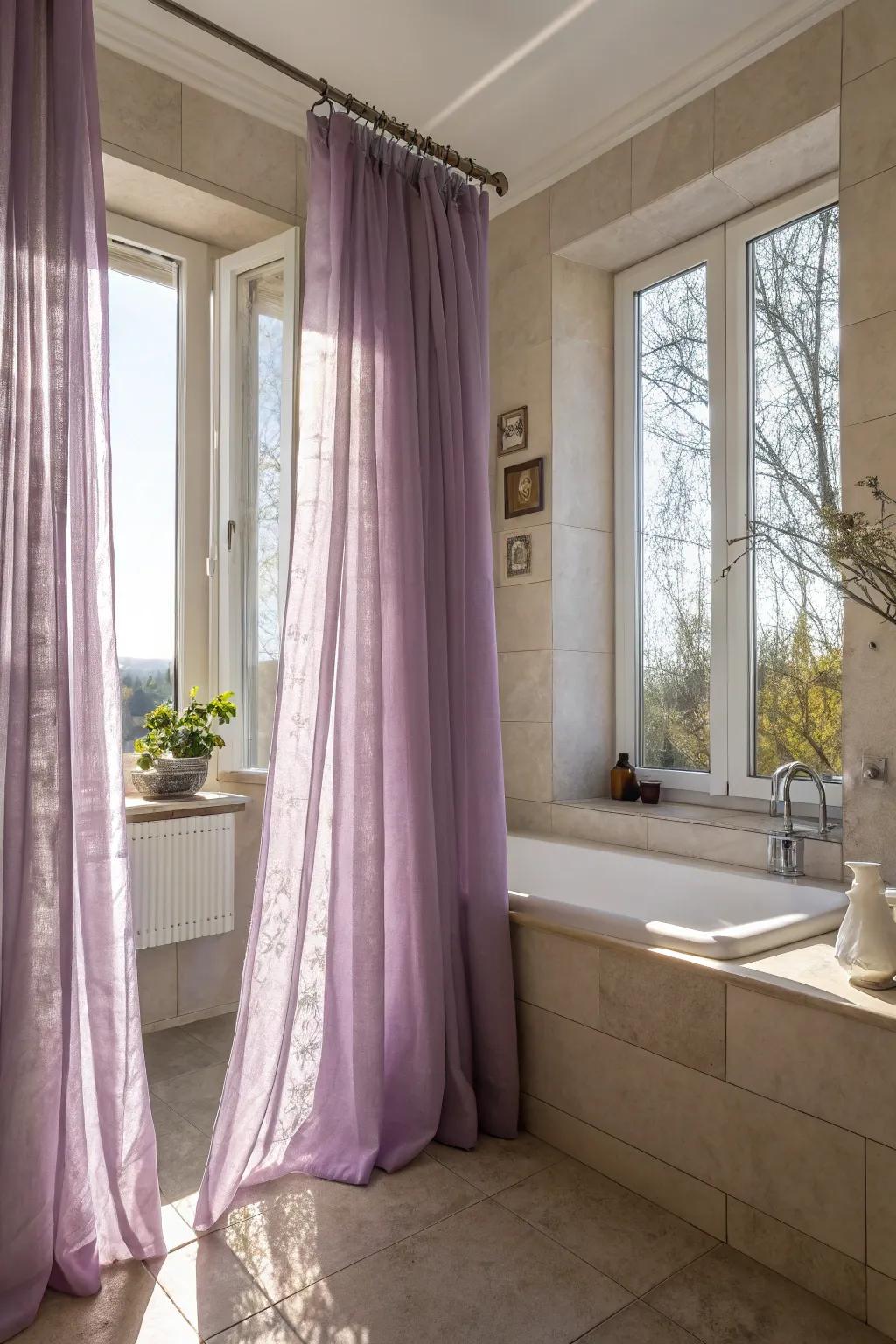 Lavender window treatments create a soft and inviting atmosphere.