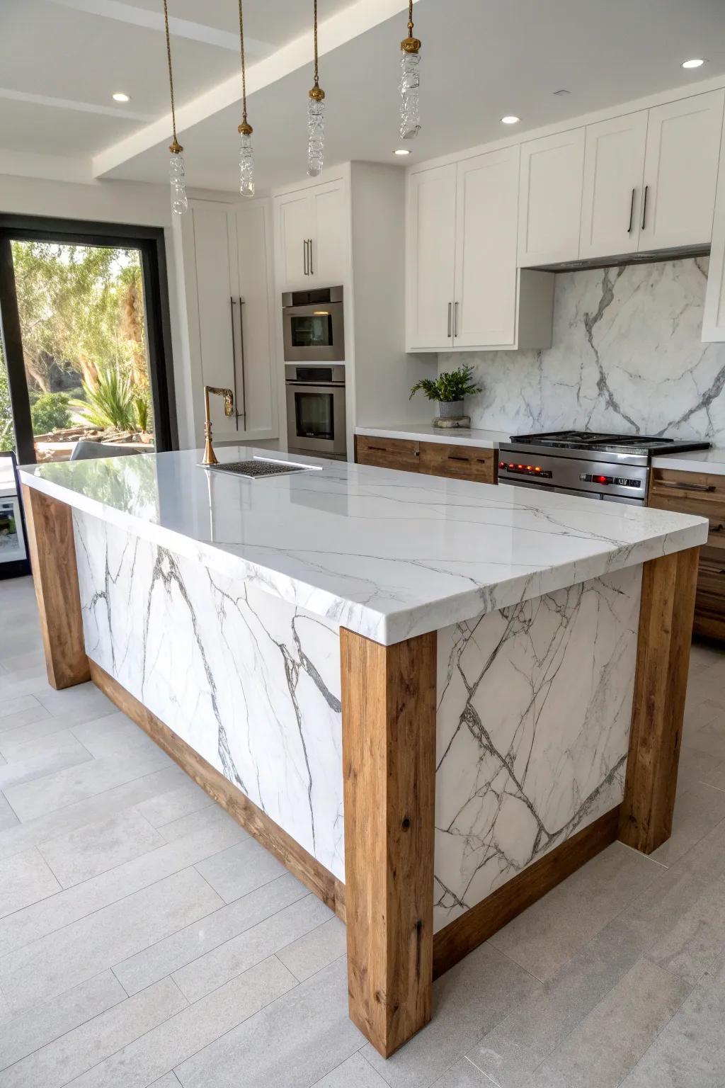 Transform your space with the timeless elegance of a marble kitchen island.