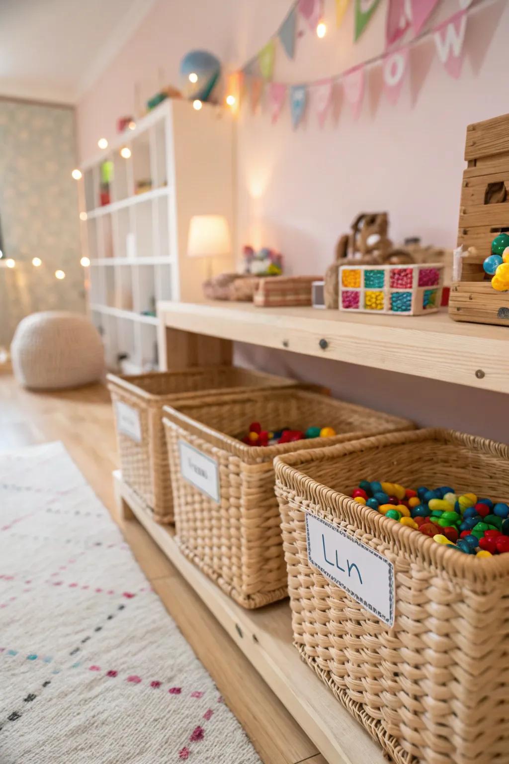 Cozy and organized Lego storage with wicker baskets.