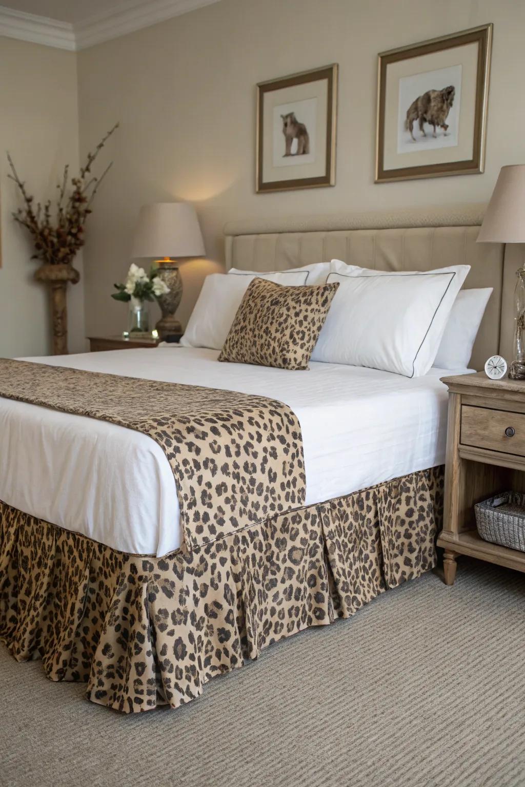 A leopard print bed skirt offers a subtle enhancement to bedroom decor.