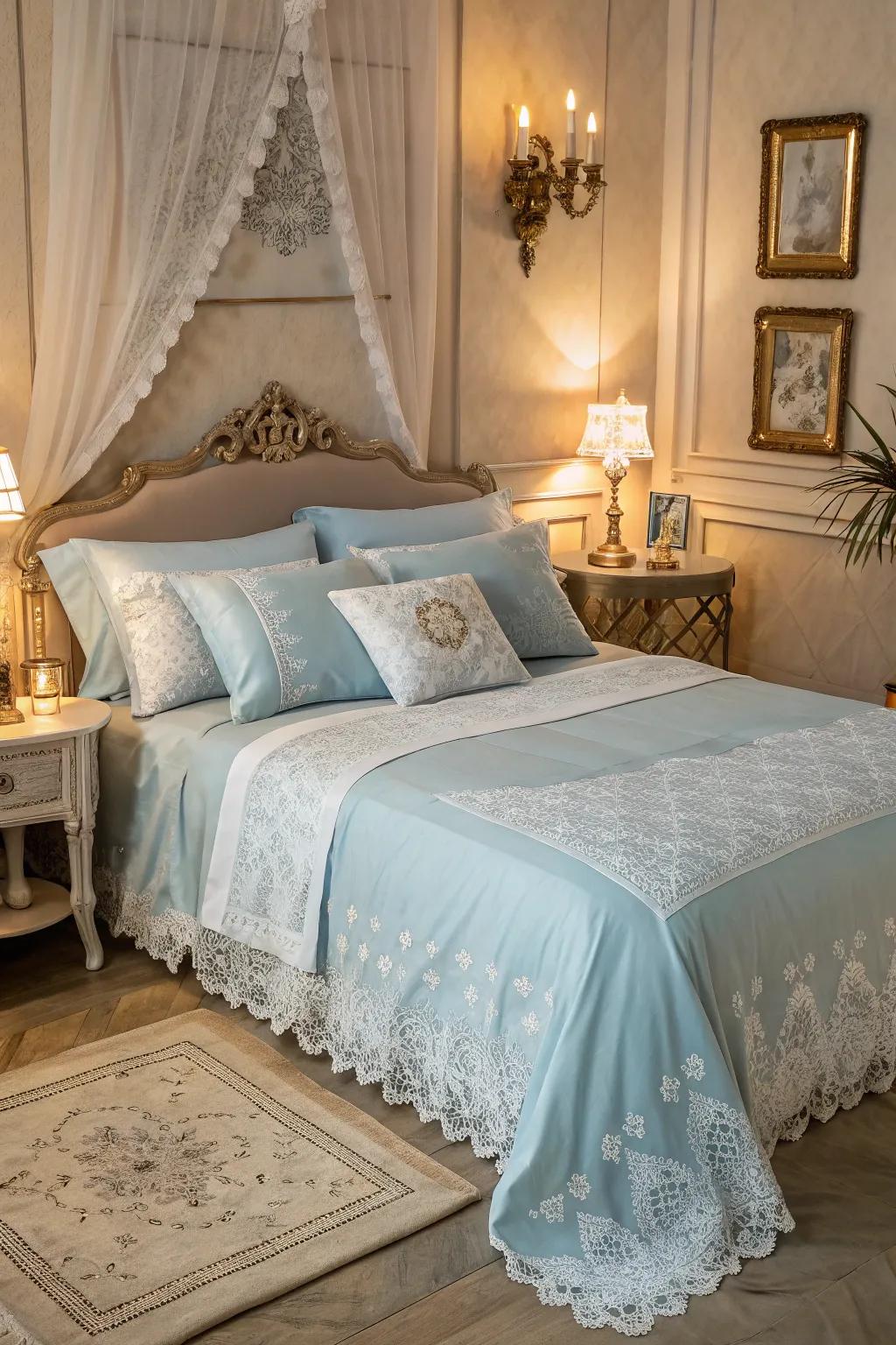 Add timeless elegance with light blue bedding and lace details.