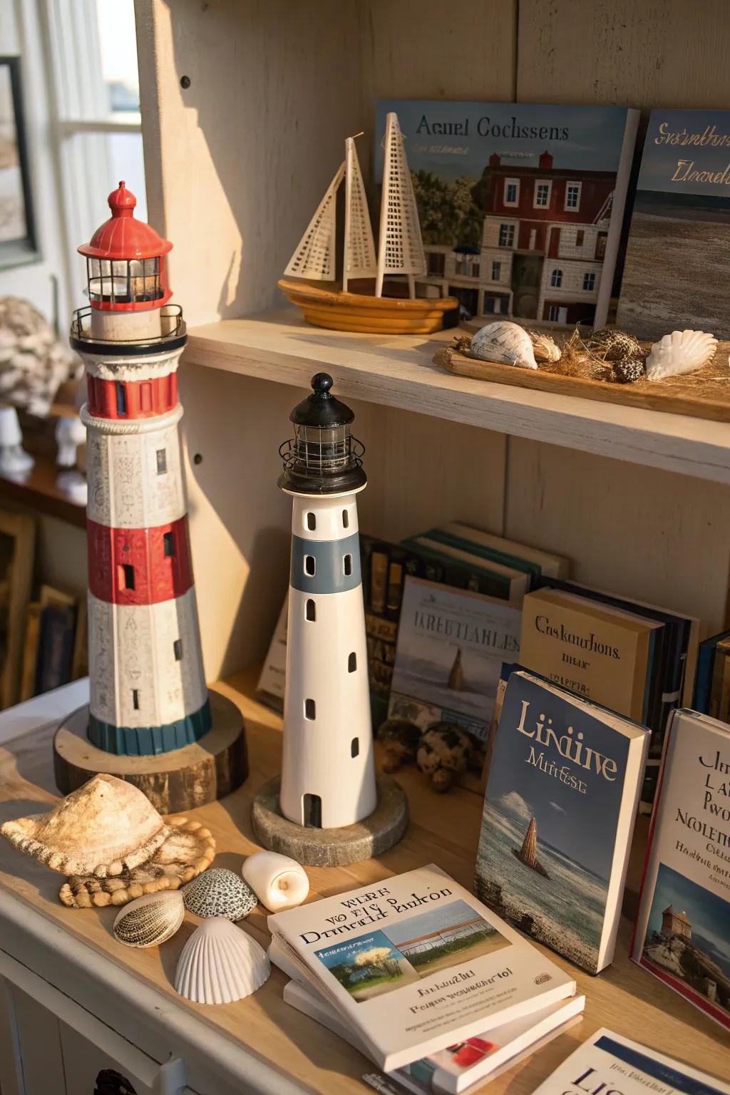 A lighthouse-themed shelf adds nautical character to any room