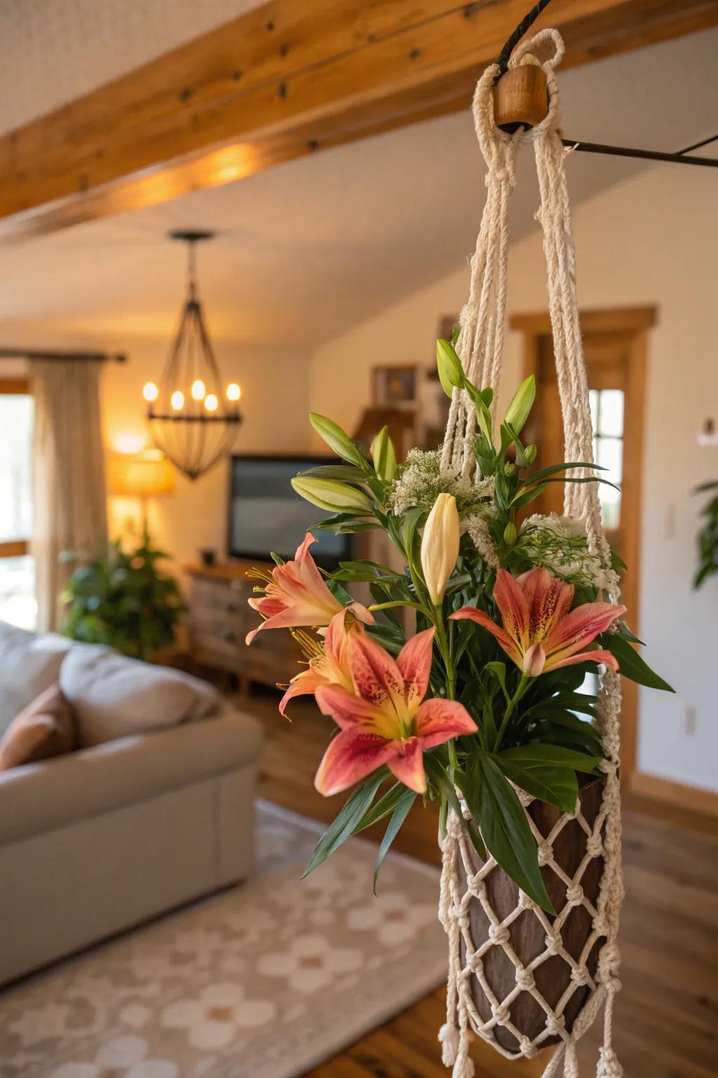 Bohemian charm with lilies in a macrame hanger.