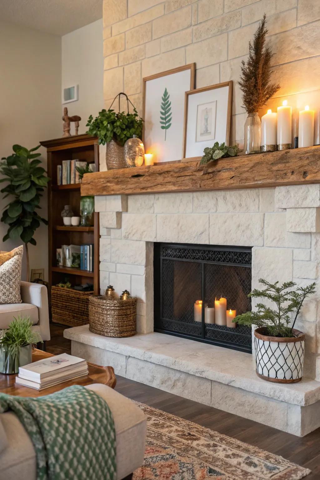 A living room featuring a live edge mantel with layered decor elements.