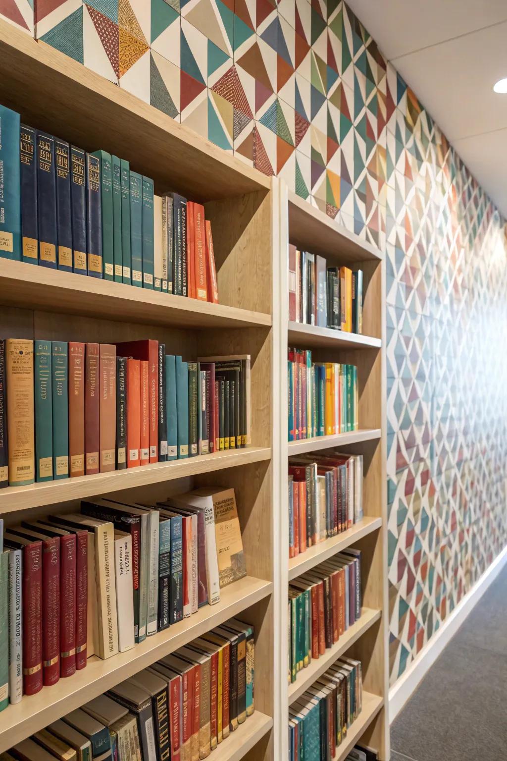 A backdrop adds color and pattern to bookshelf decor.