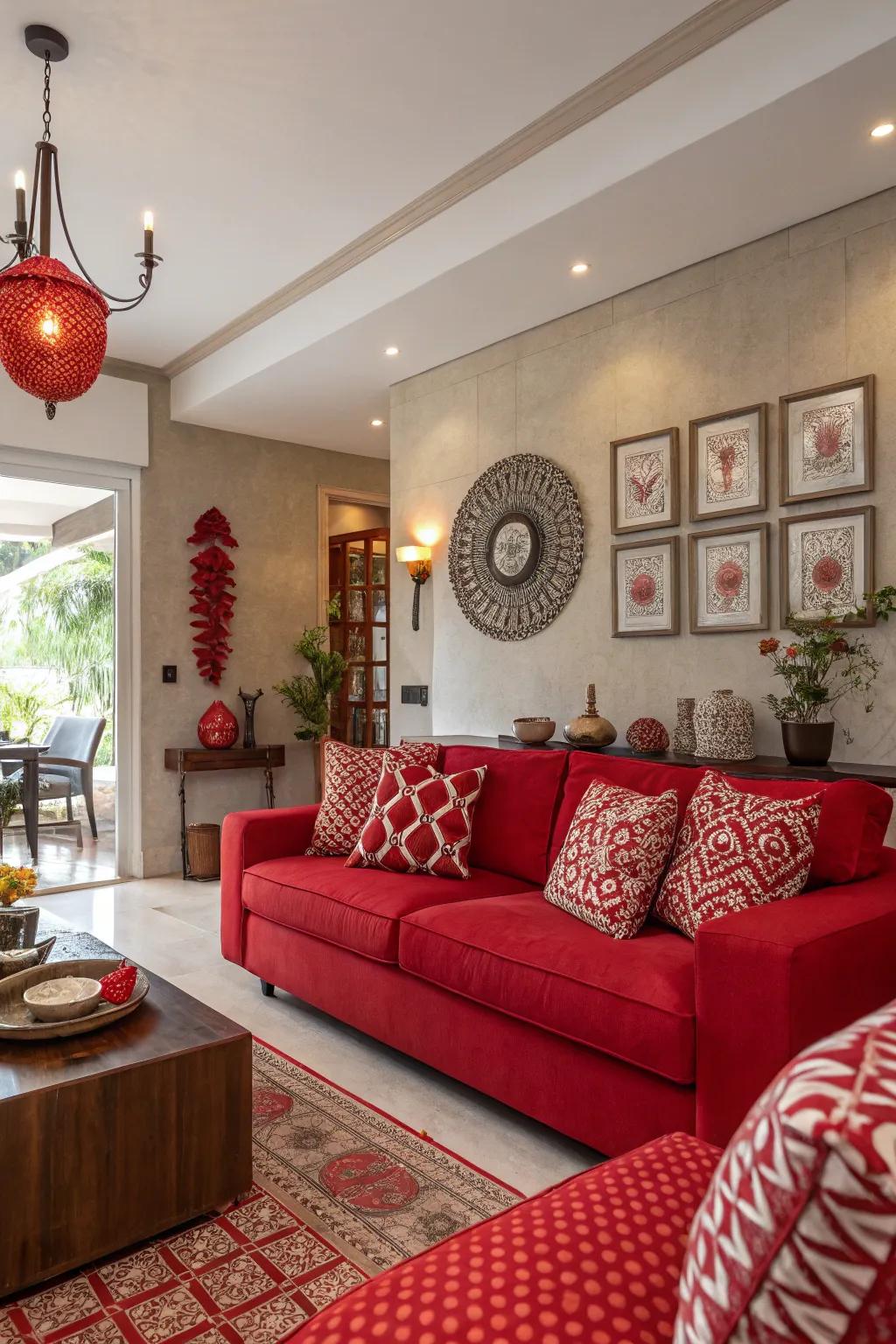 Energetic reds add vibrancy and excitement, making a bold impact in your living room.