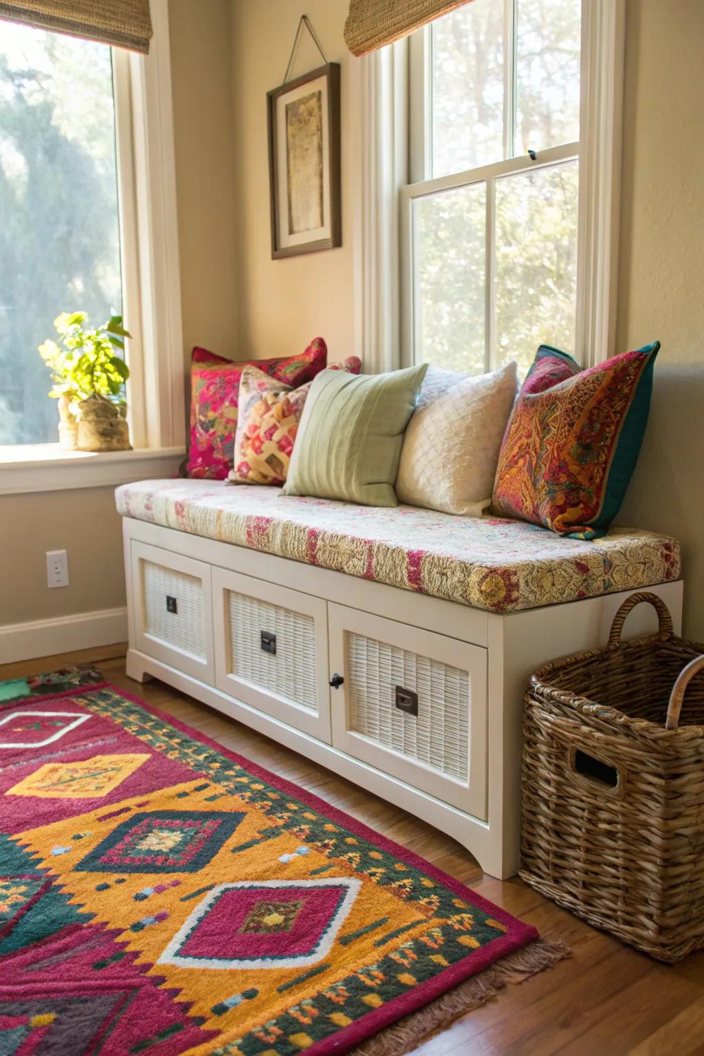 A bench with storage offers practicality and style.