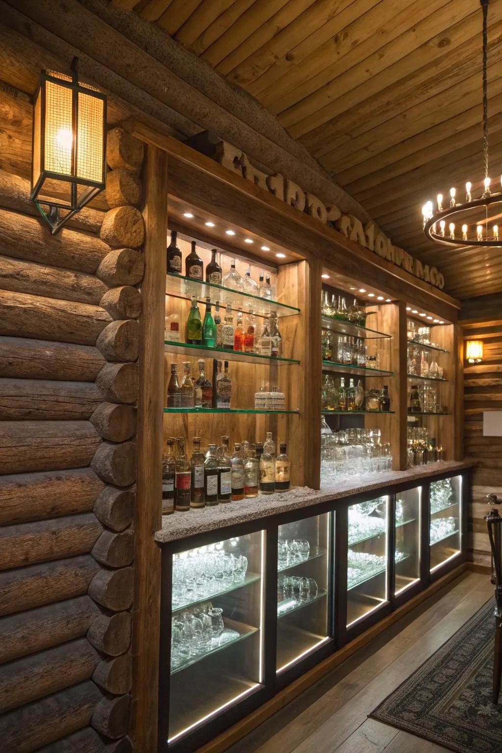 Glass shelving with lighting adds elegance to this log cabin bar.