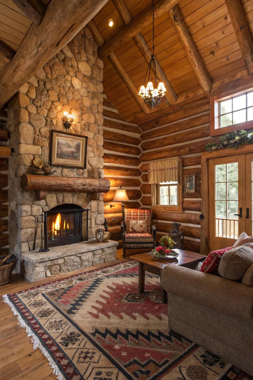 Western-style decor enhances the rustic charm of this log cabin interior.