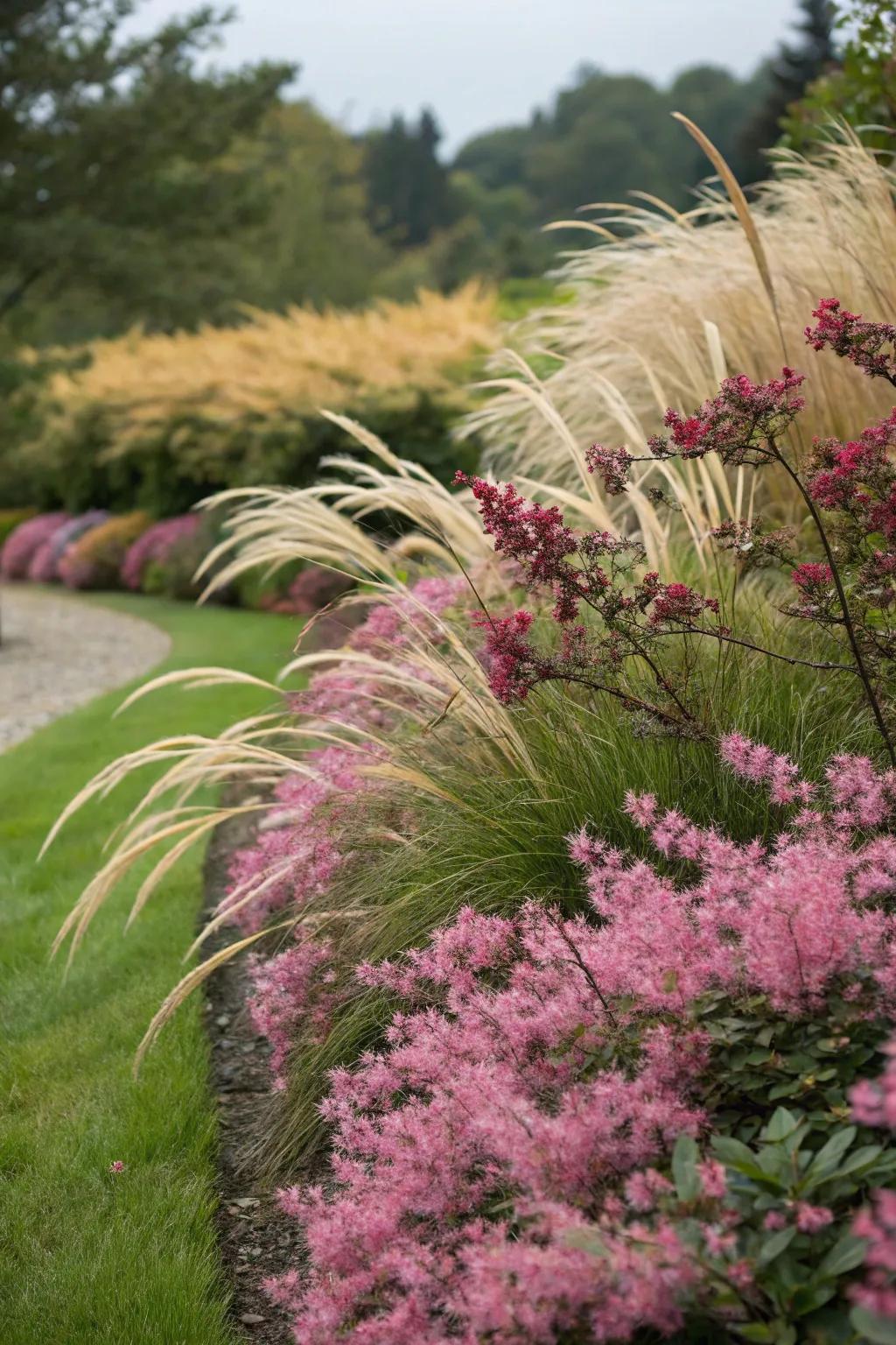 Combine loropetalum with ornamental grasses for a textural contrast.