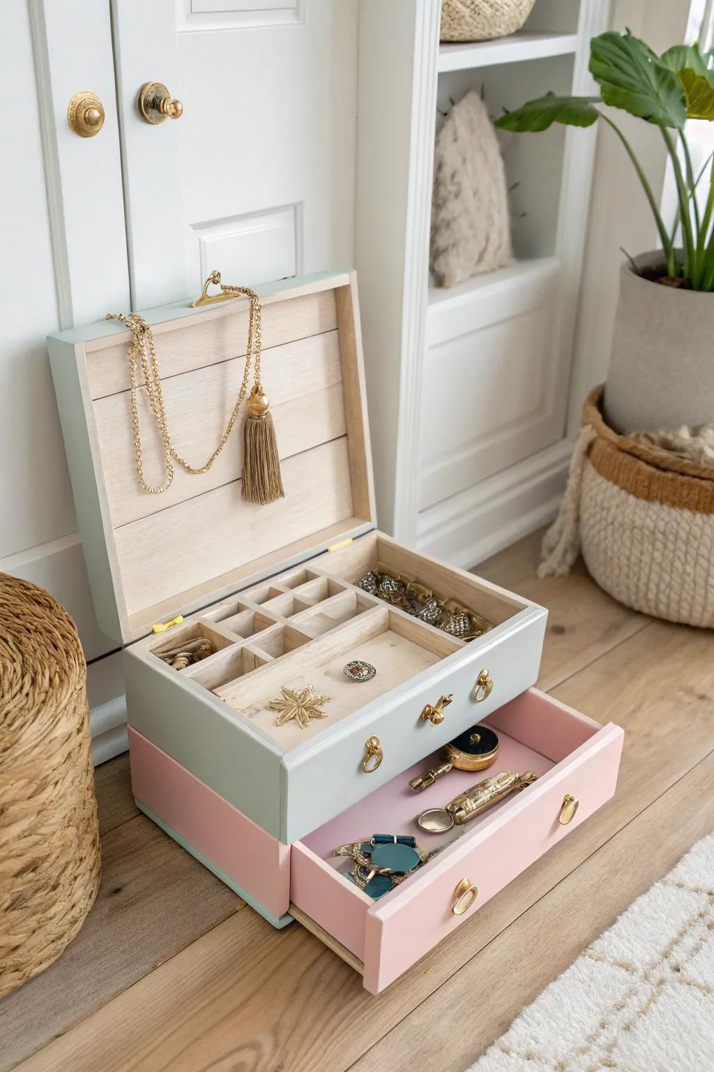Breathe new life into an old drawer with this chic lost and found box idea. Perfect for adding a touch of elegance to your entryway!