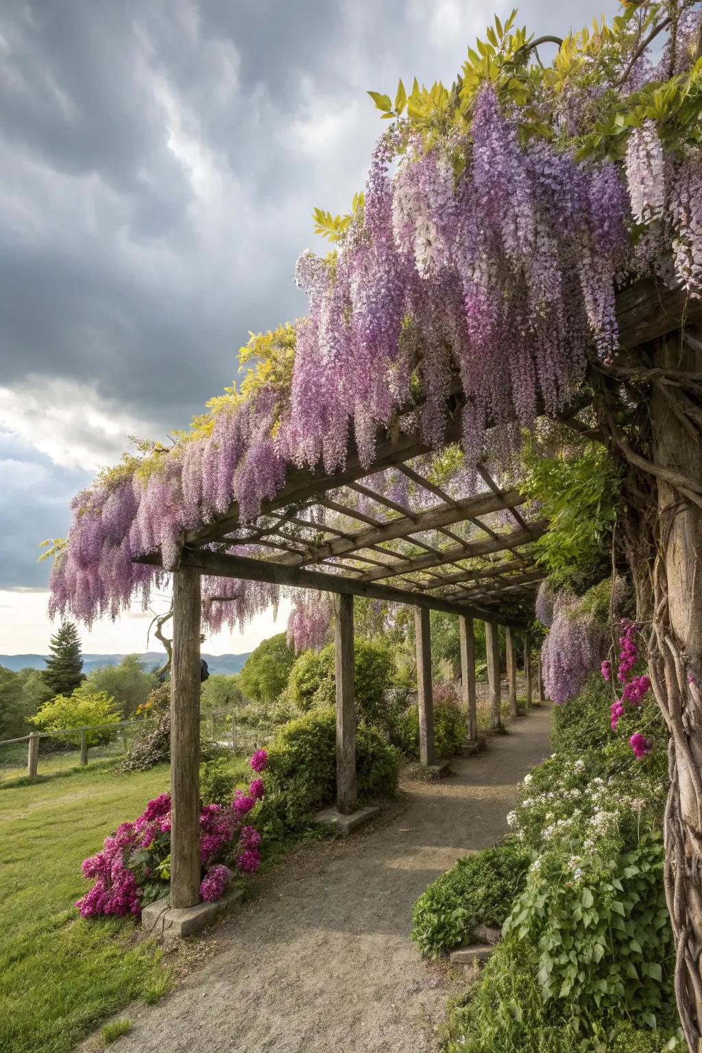 A pergola with climbing wisteria creates a beautiful and shaded area.