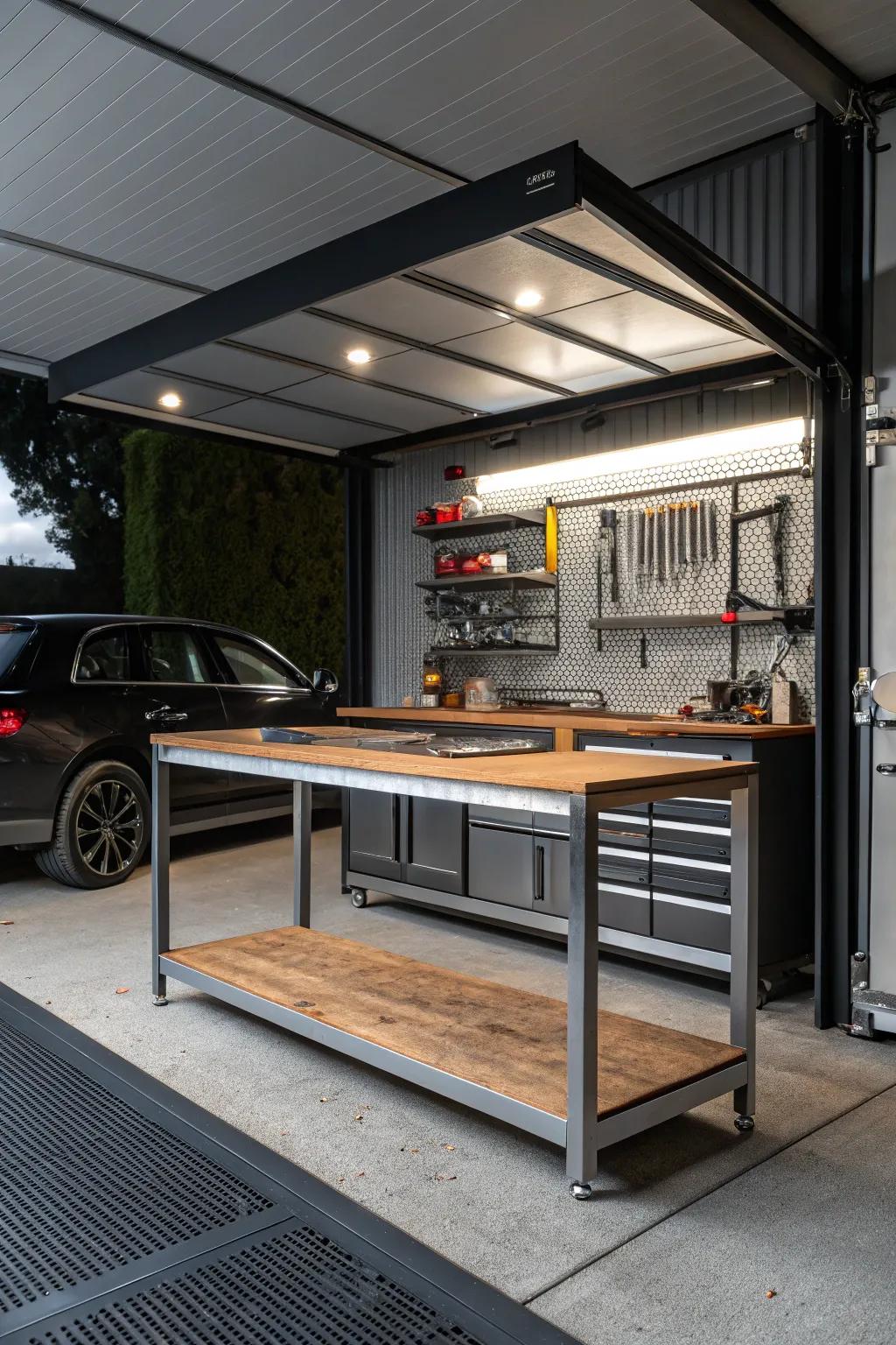 Transform your carport into a stylish and functional haven with this impeccably crafted workbench centerpiece.