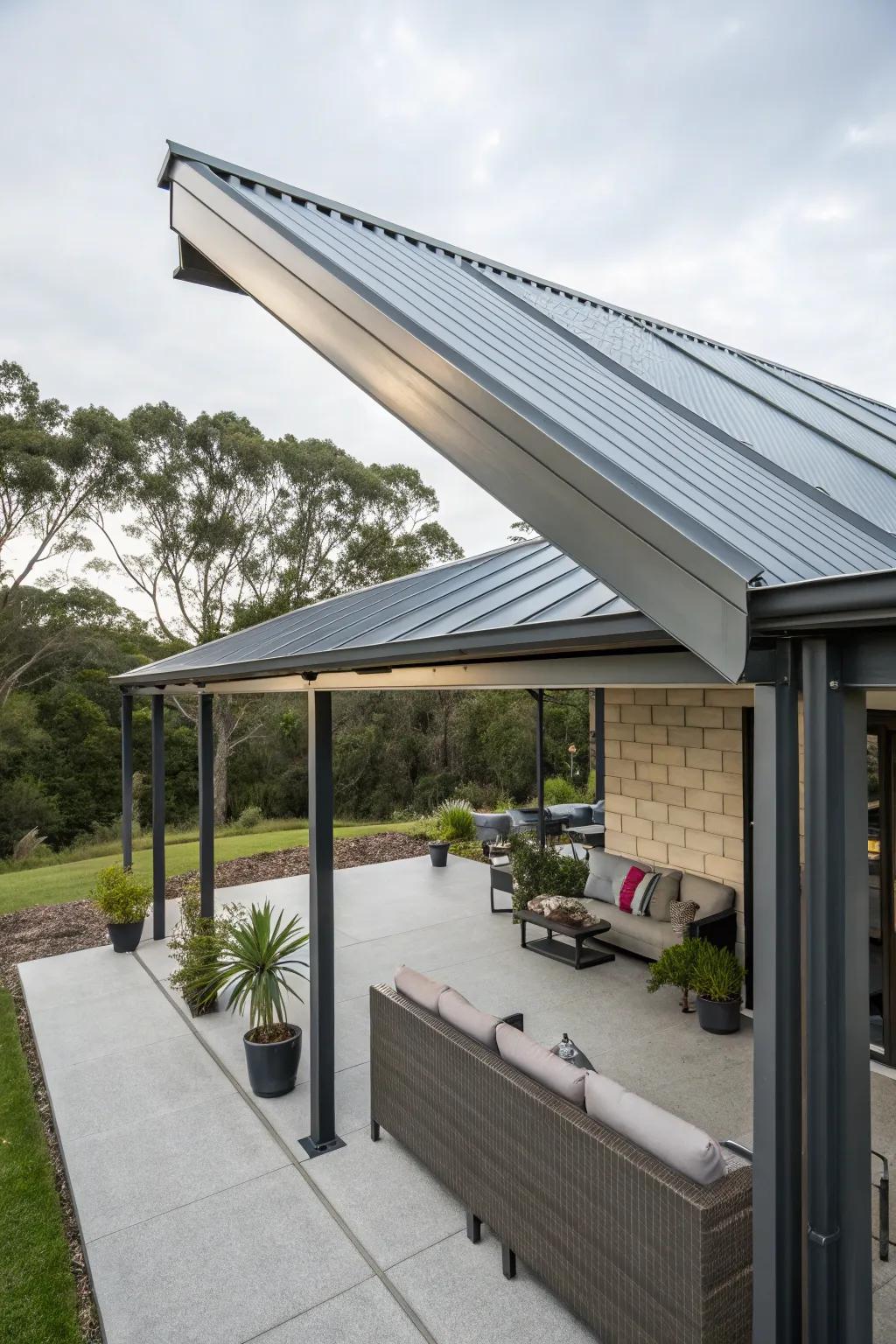 A galvanized steel roof offers durable and weather-resistant protection for this patio.