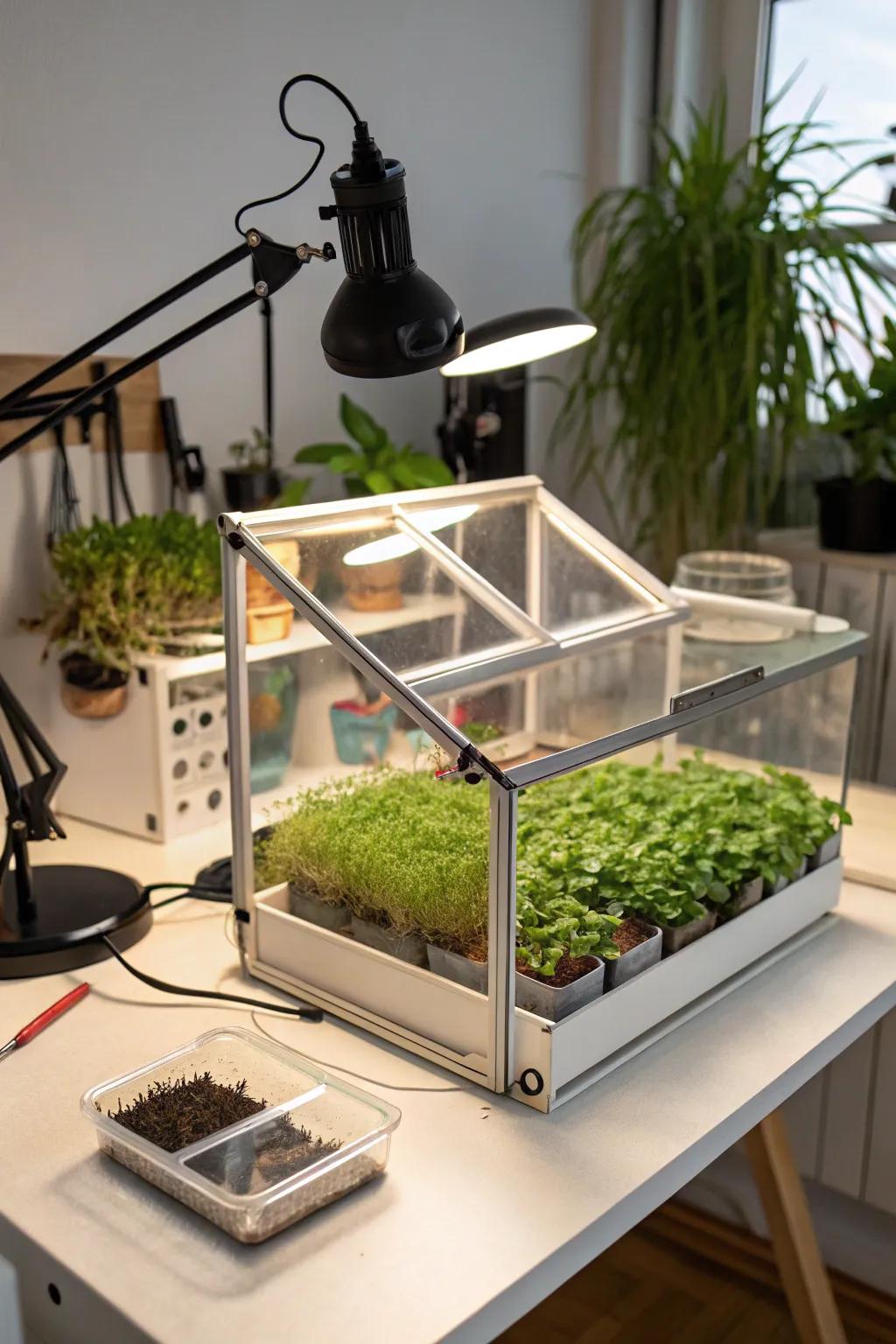 Functional and decorative: Miniature greenhouse for growing microgreens.