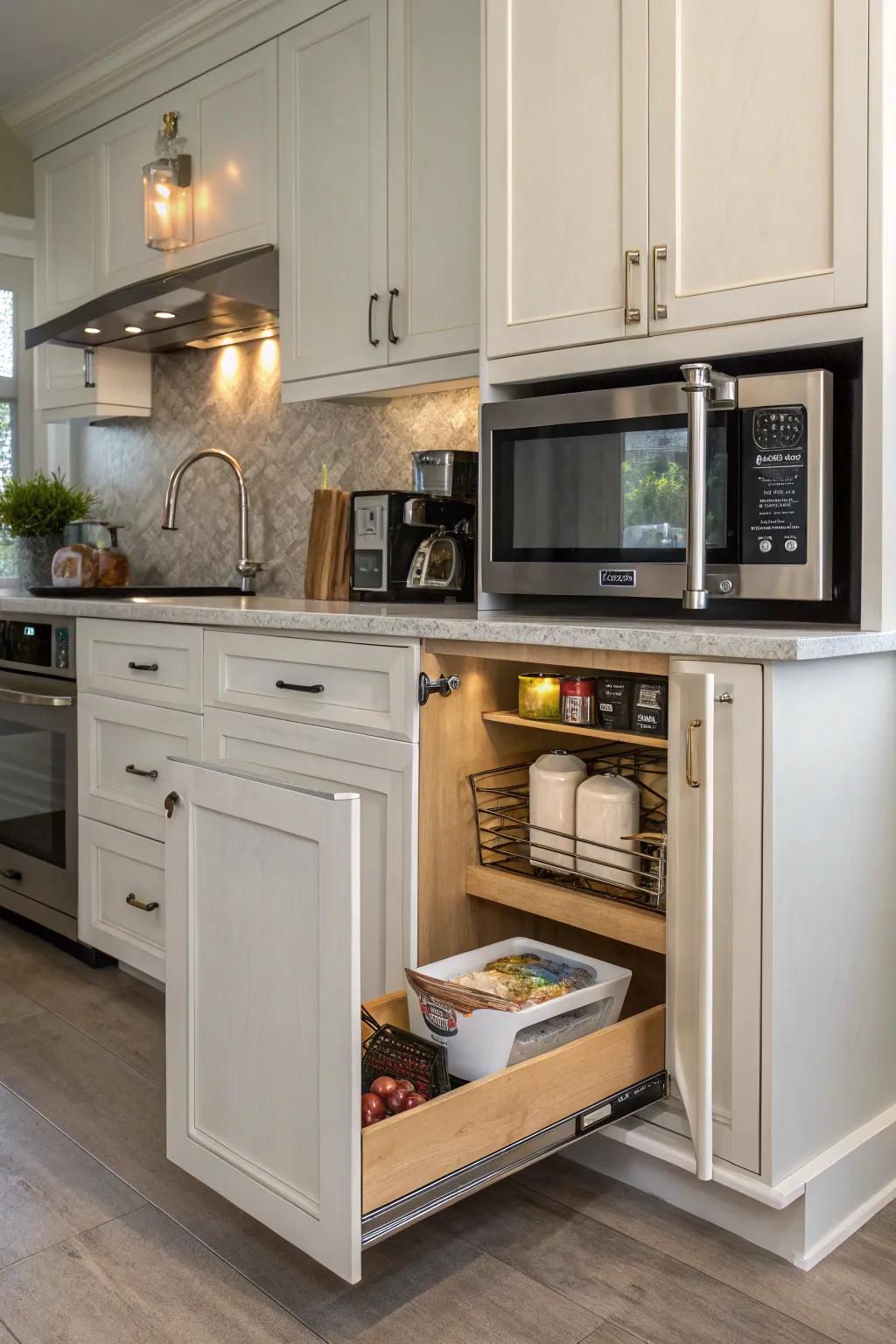 A high-tech pop-up cabinet for a hidden microwave.